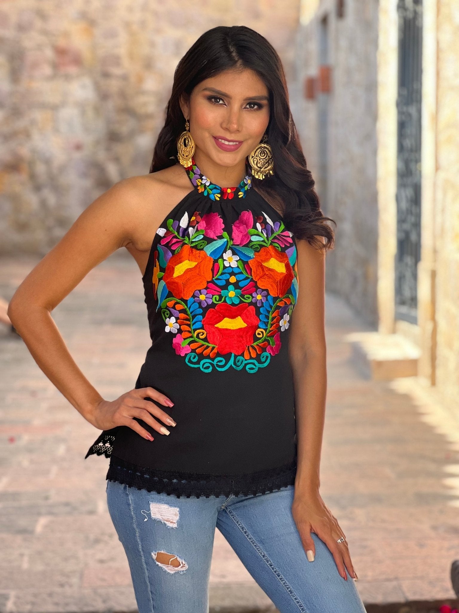 Mexican Embroidered Floral Halter Top. Halter Top Valeria - Solei Store