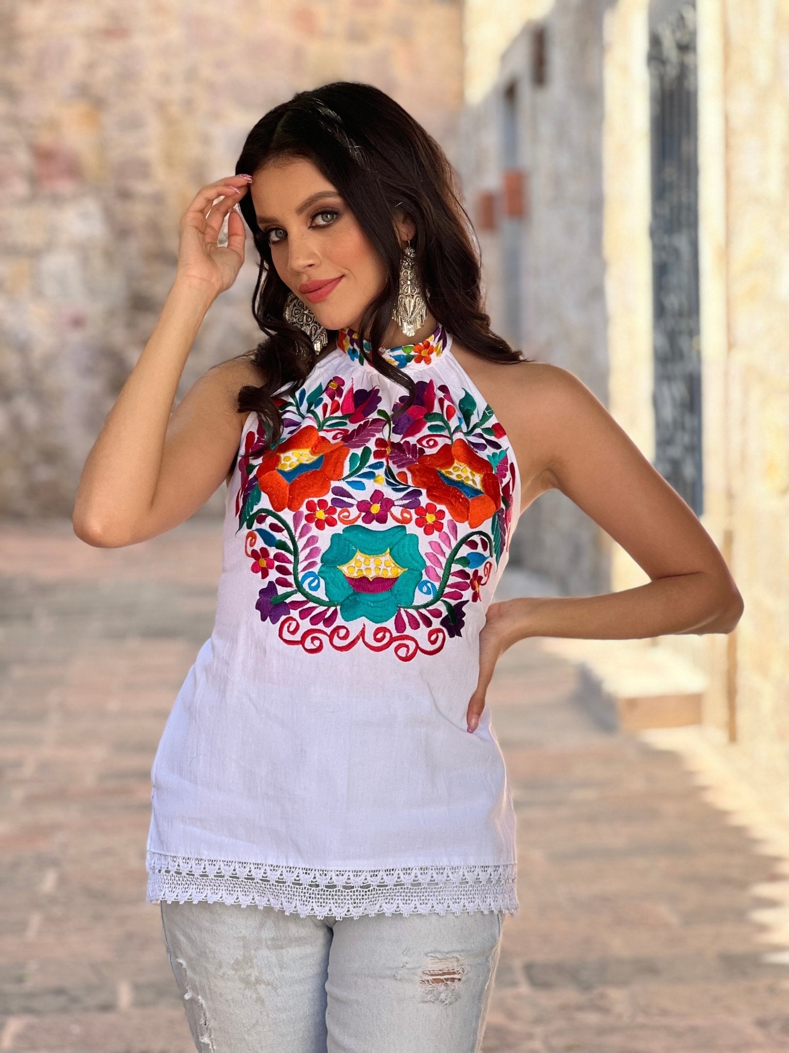 Mexican Embroidered Floral Halter Top. Halter Top Valeria - Solei Store