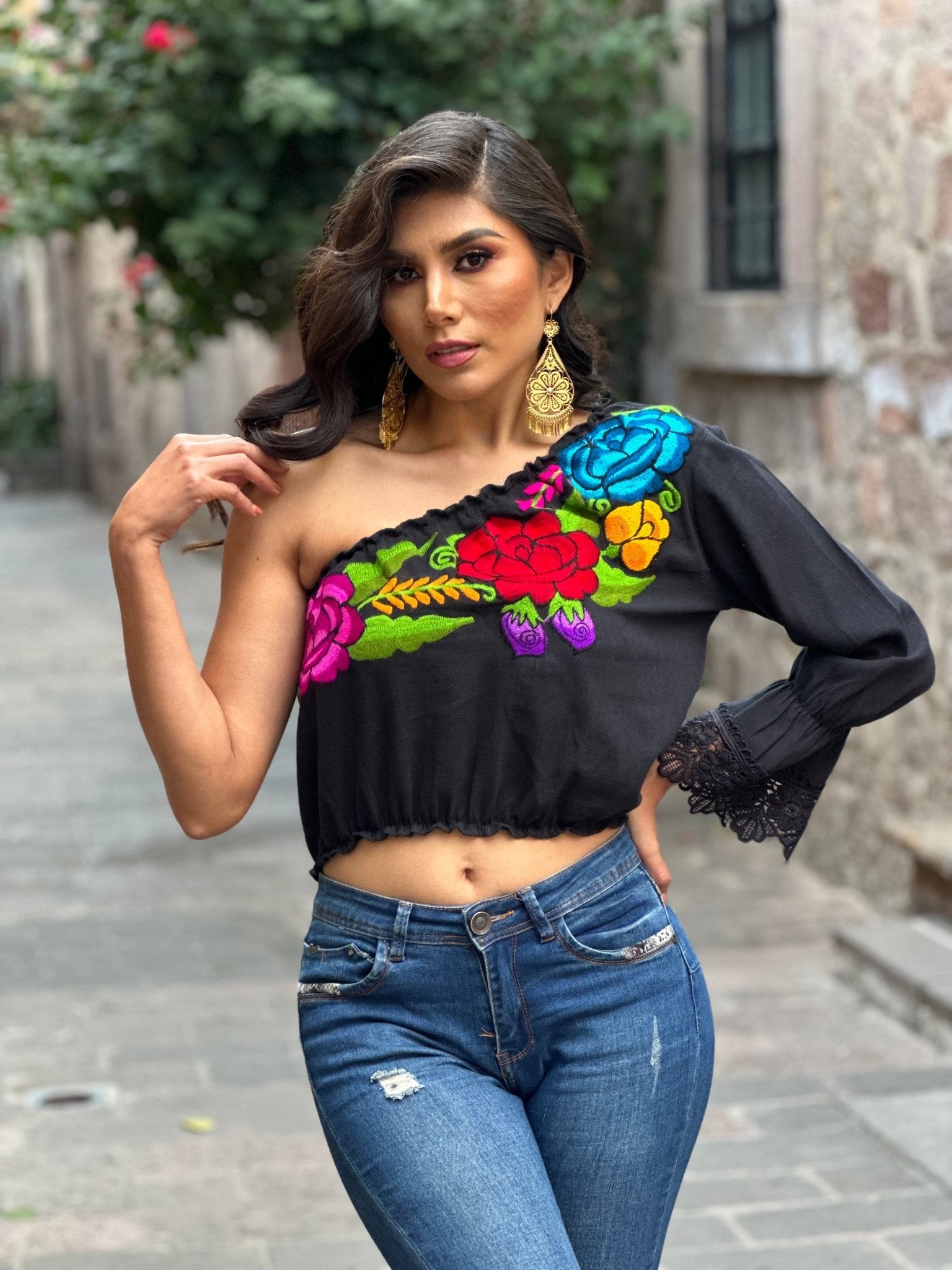 Mexican Embroidered Floral One Shoulder Artisanal Crop Top. Zulema Deluxe Crop Top. - Solei Store