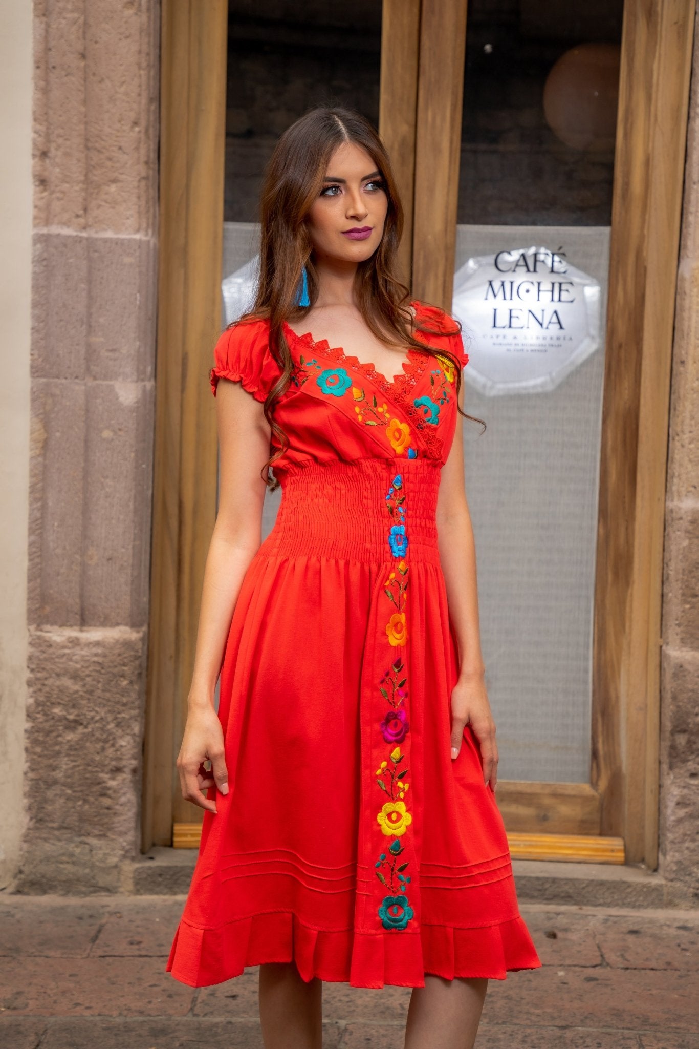 Mexican Embroidered Floral Plunge Dress. Vestido Yamileth. - Solei Store