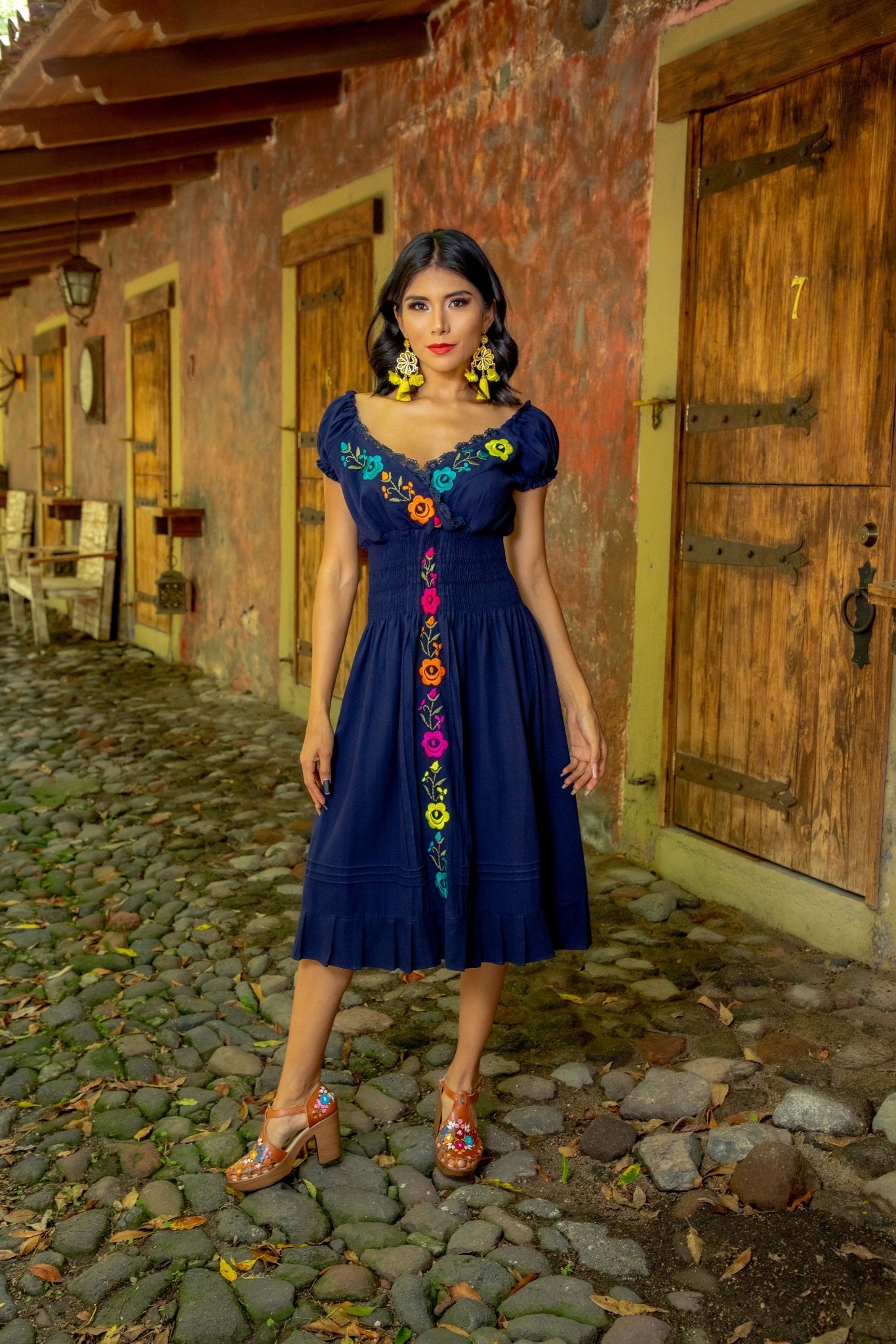 Mexican Embroidered Floral Plunge Dress. Vestido Yamileth. - Solei Store