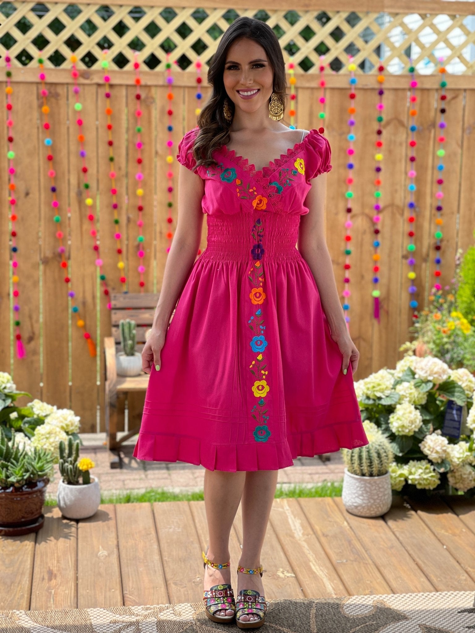 Mexican Embroidered Floral Plunge Dress. Vestido Yamileth. - Solei Store