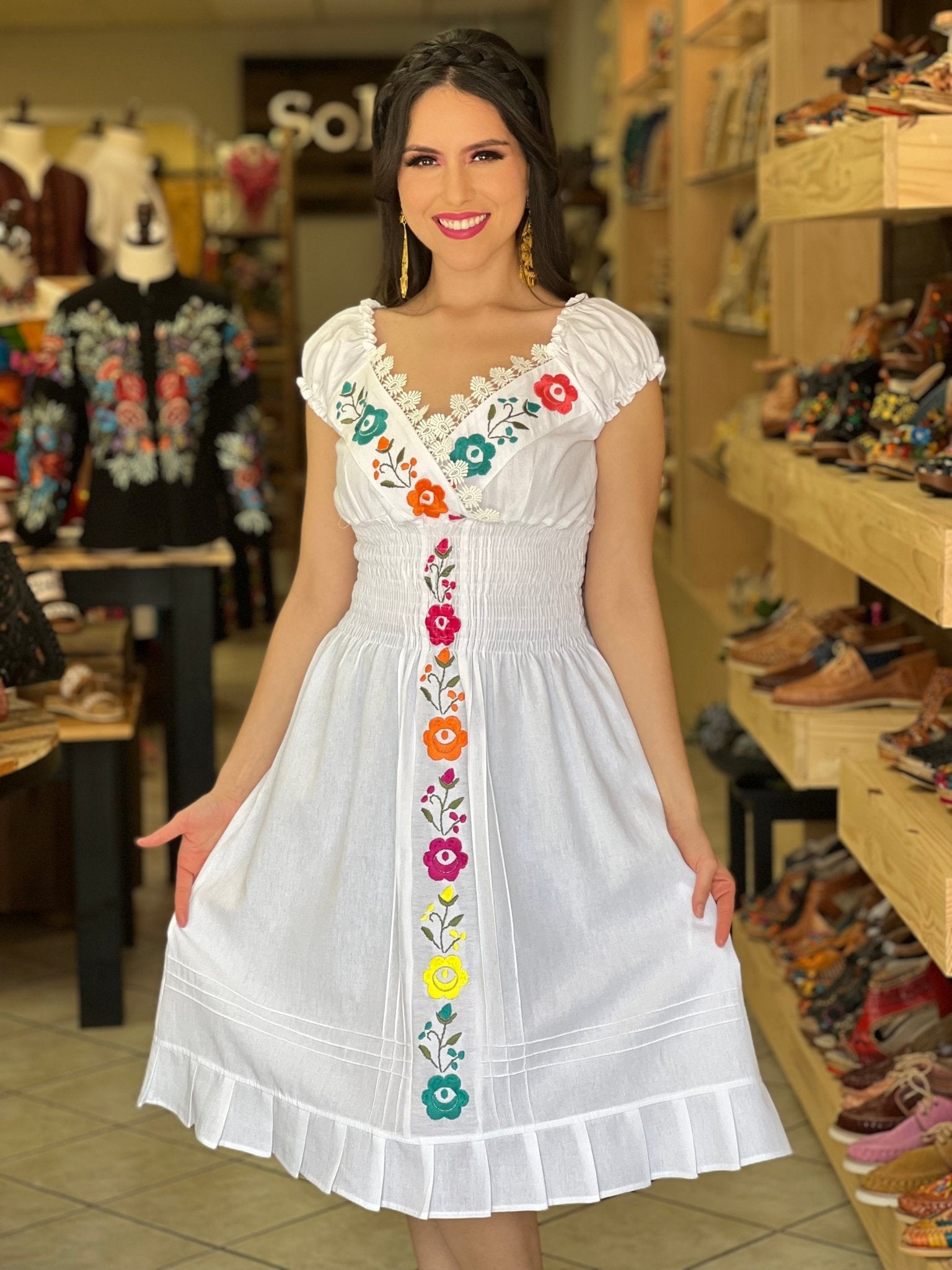 Mexican Embroidered Floral Plunge Dress. Vestido Yamileth. - Solei Store