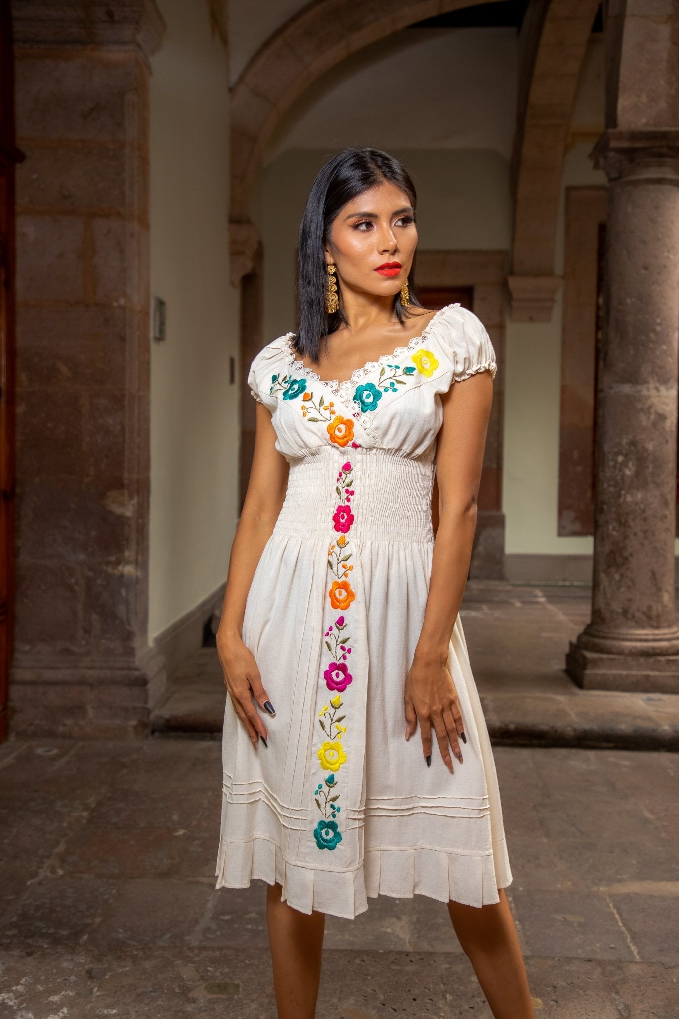 Mexican Embroidered Floral Plunge Dress. Vestido Yamileth. - Solei Store
