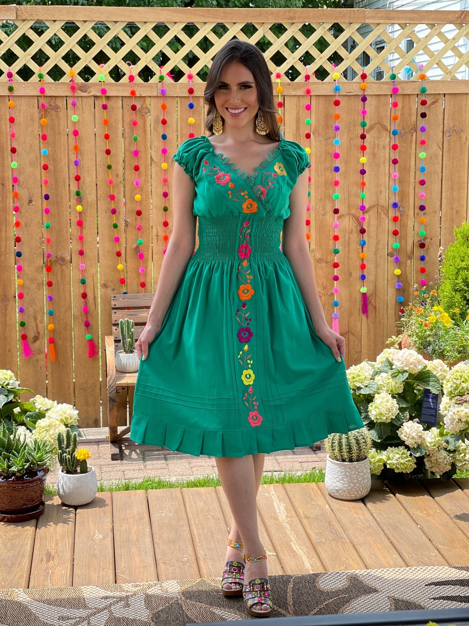 Mexican Embroidered Floral Plunge Dress. Vestido Yamileth. - Solei Store