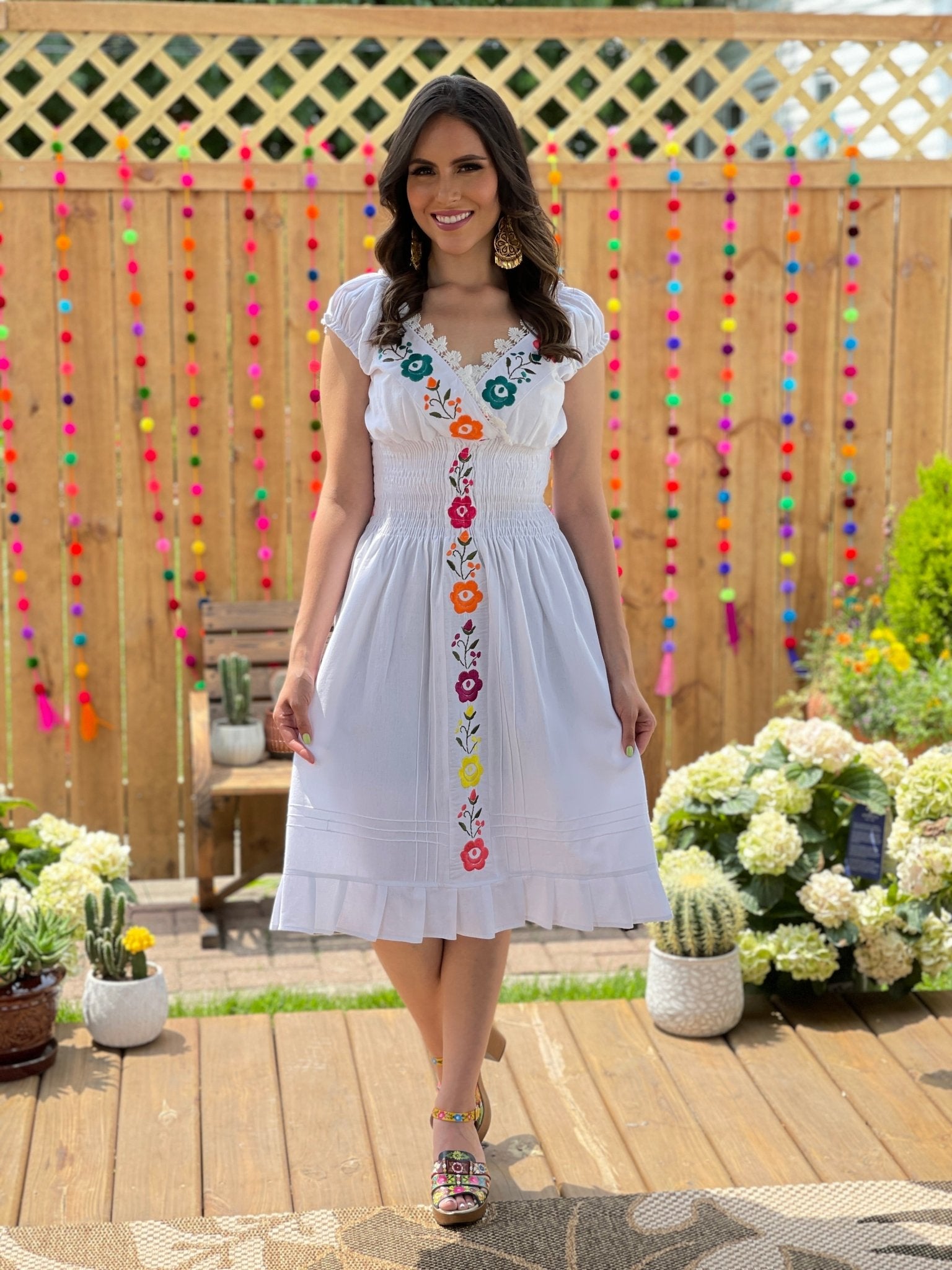 Mexican Embroidered Floral Plunge Dress. Vestido Yamileth. - Solei Store
