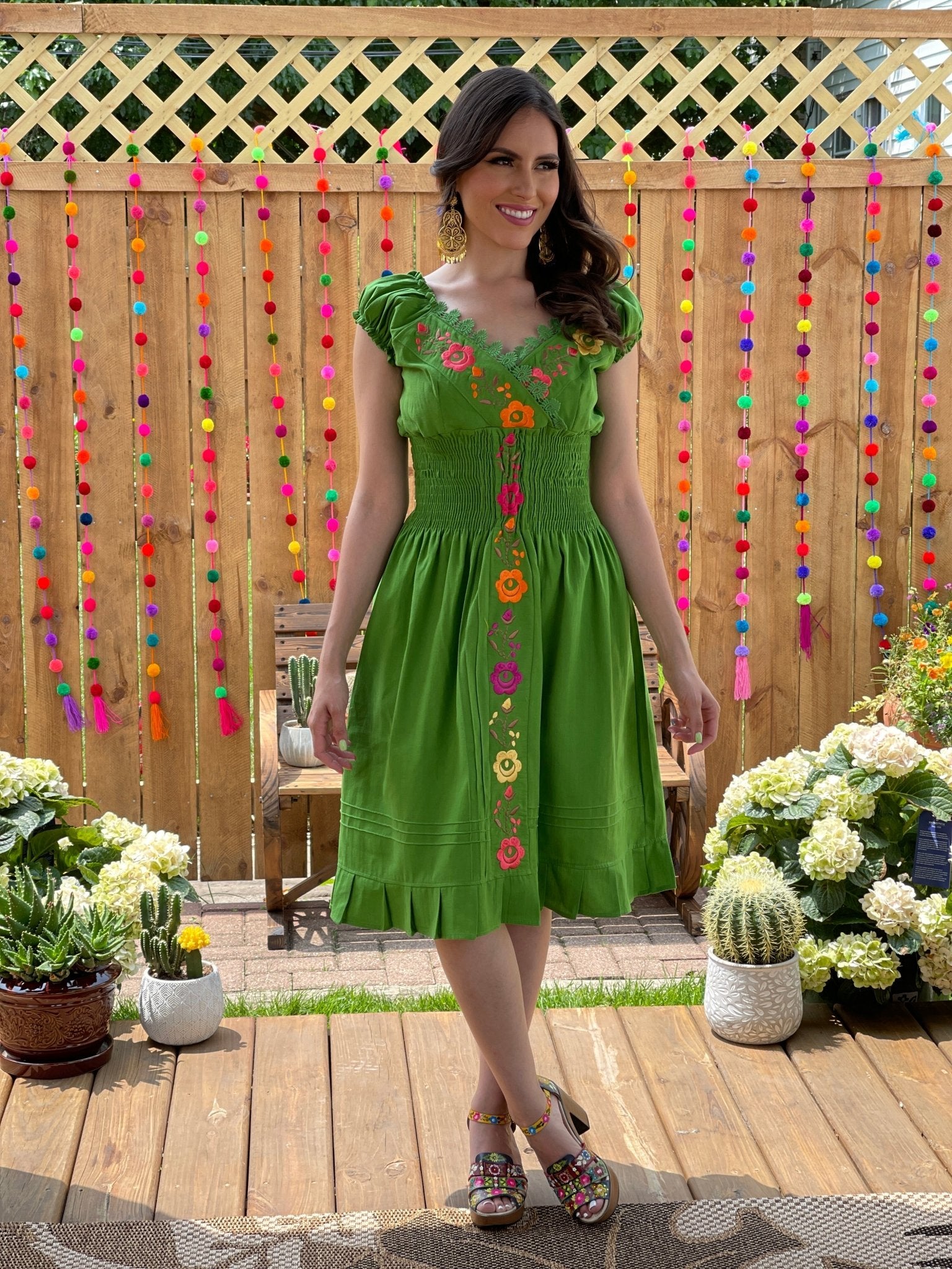 Mexican Embroidered Floral Plunge Dress. Vestido Yamileth. - Solei Store