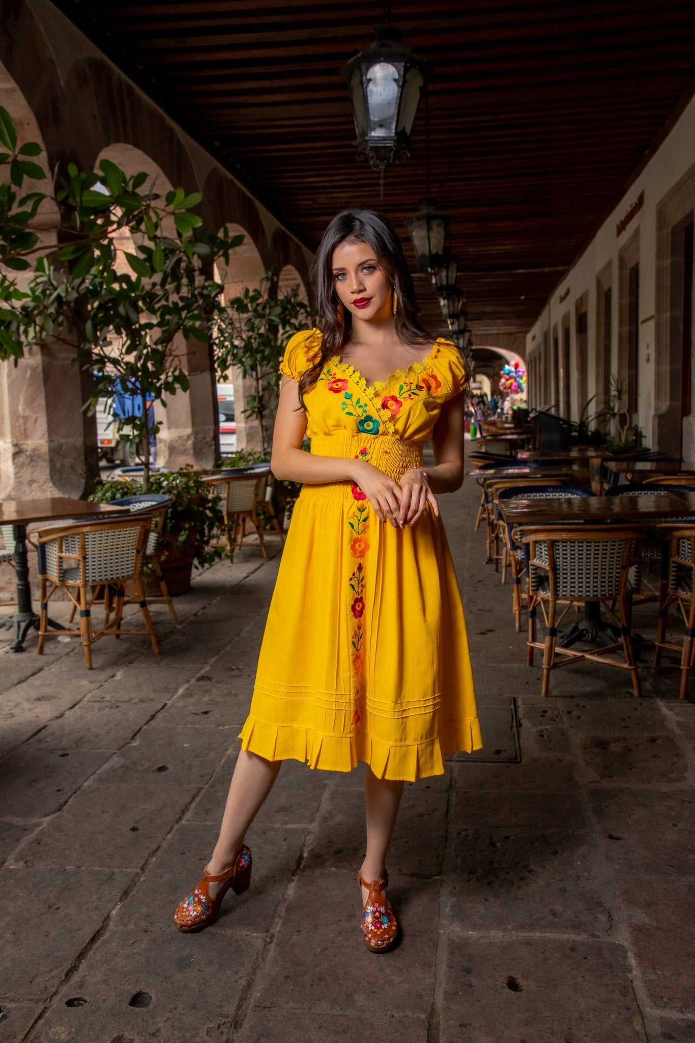 Mexican Embroidered Floral Plunge Dress. Vestido Yamileth. - Solei Store