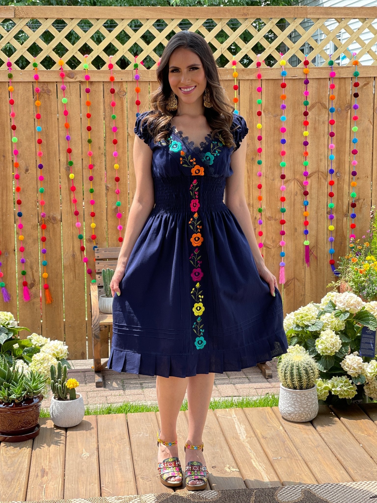Mexican Embroidered Floral Plunge Dress. Vestido Yamileth. - Solei Store