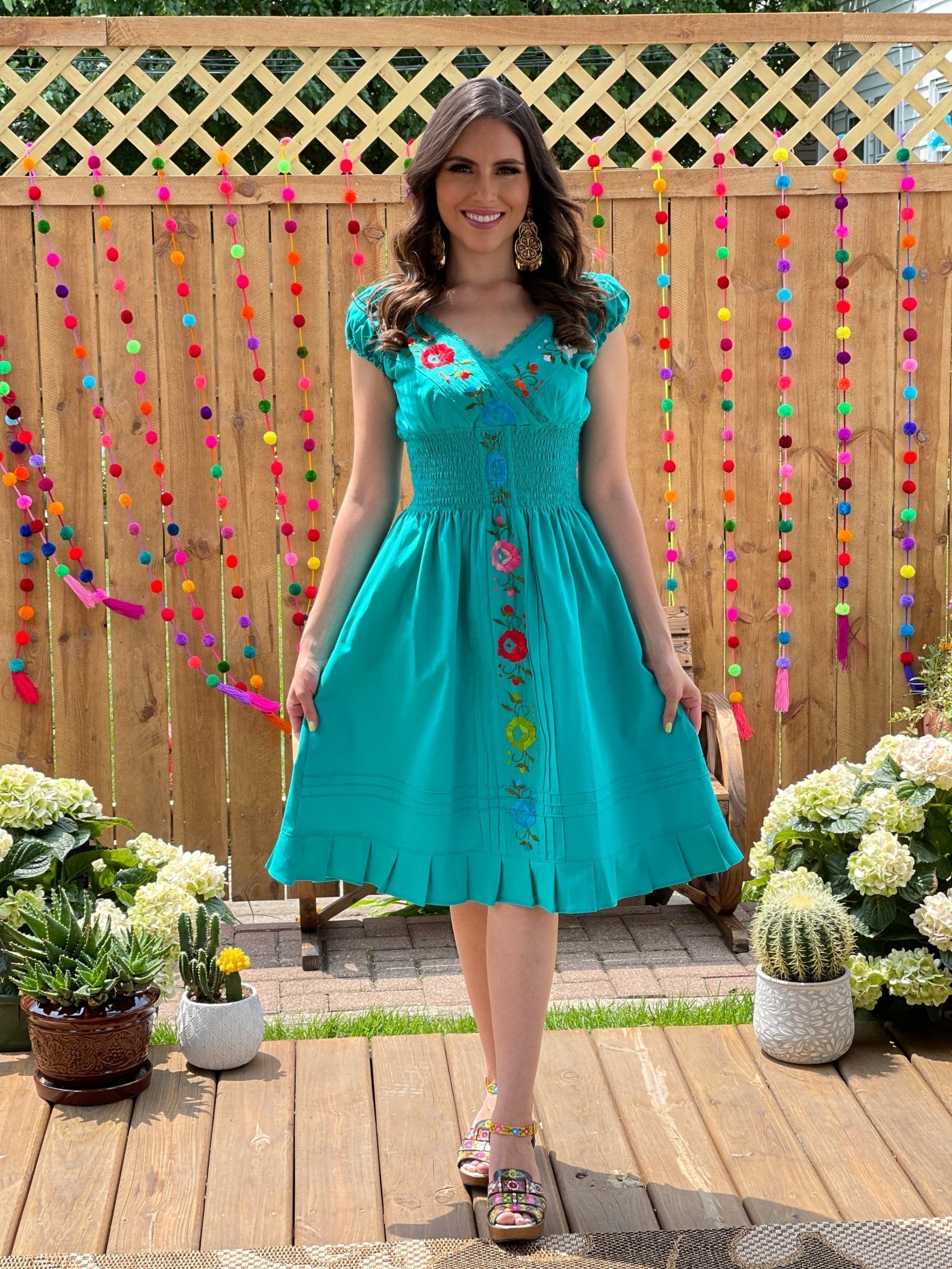 Mexican Embroidered Floral Plunge Dress. Vestido Yamileth. - Solei Store