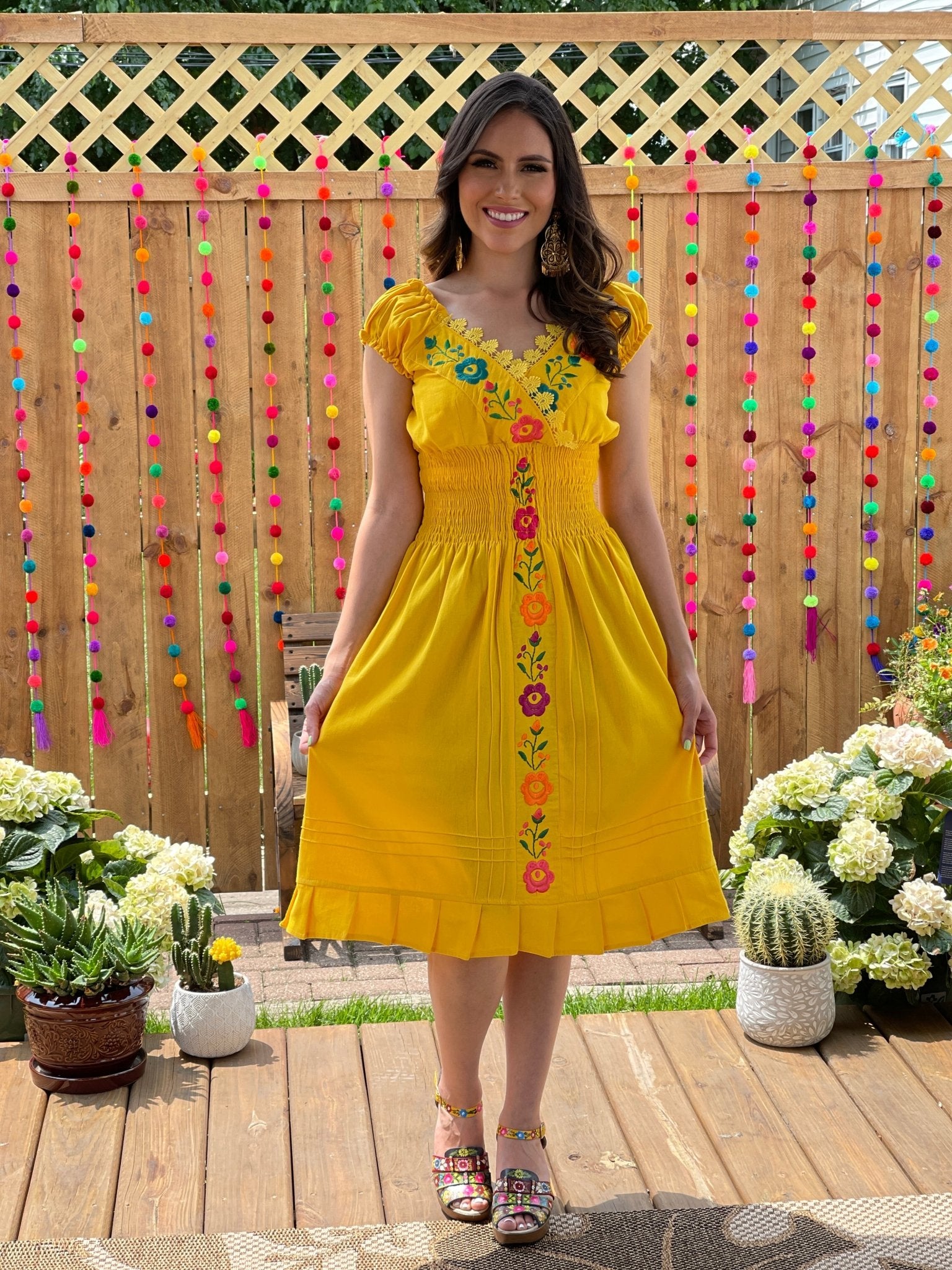 Mexican Embroidered Floral Plunge Dress. Vestido Yamileth. - Solei Store
