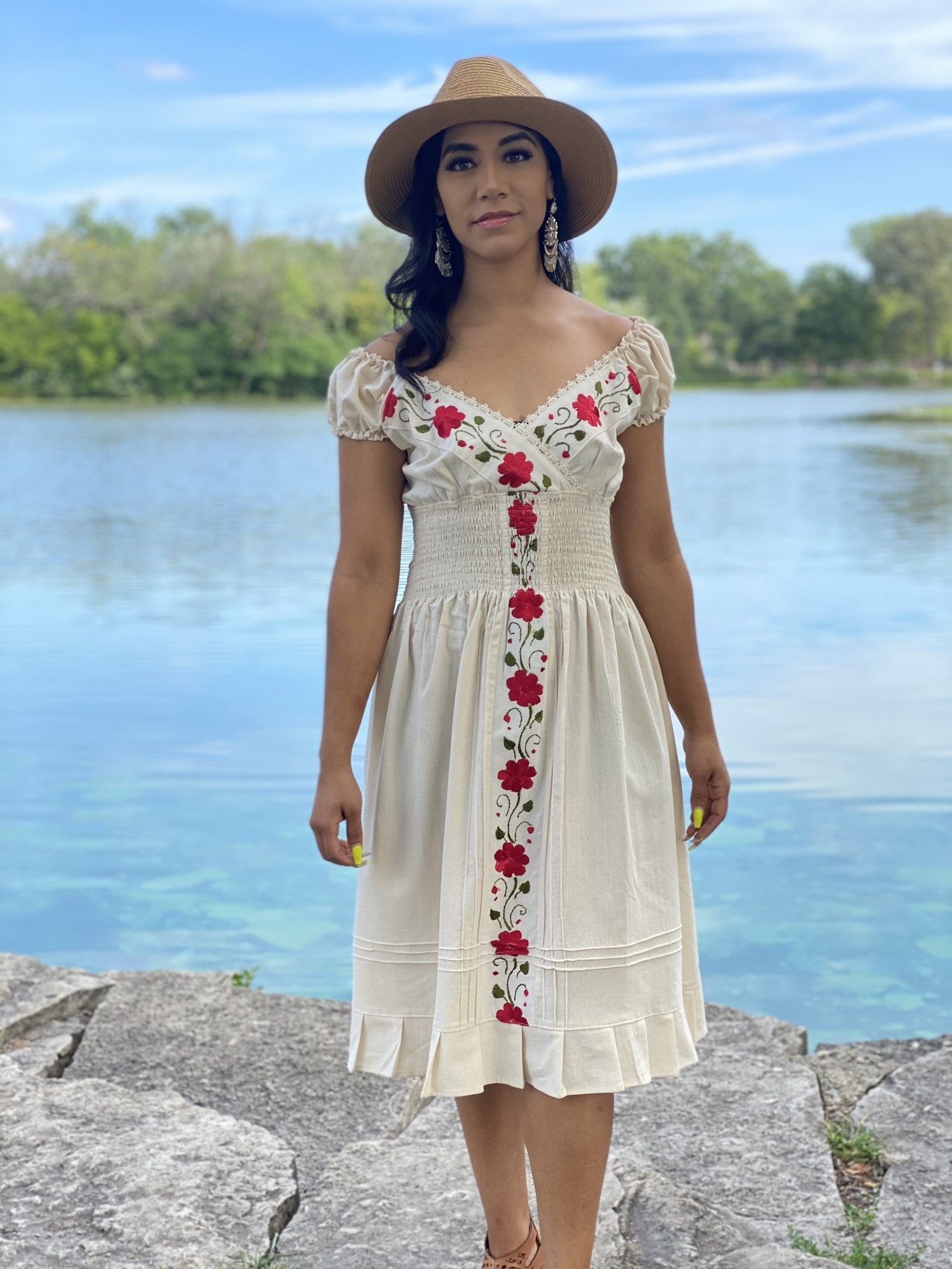 Mexican Embroidered Floral Plunge Dress. Yamileth Dress. - Solei Store