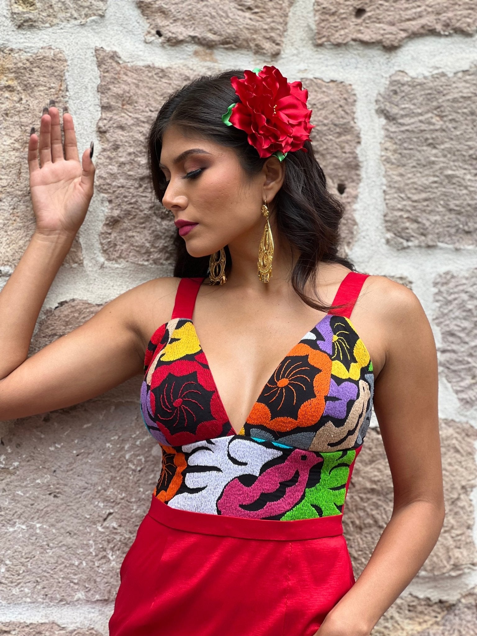 Mexican Embroidered Formal Dress in Red with multicolor embroidery
