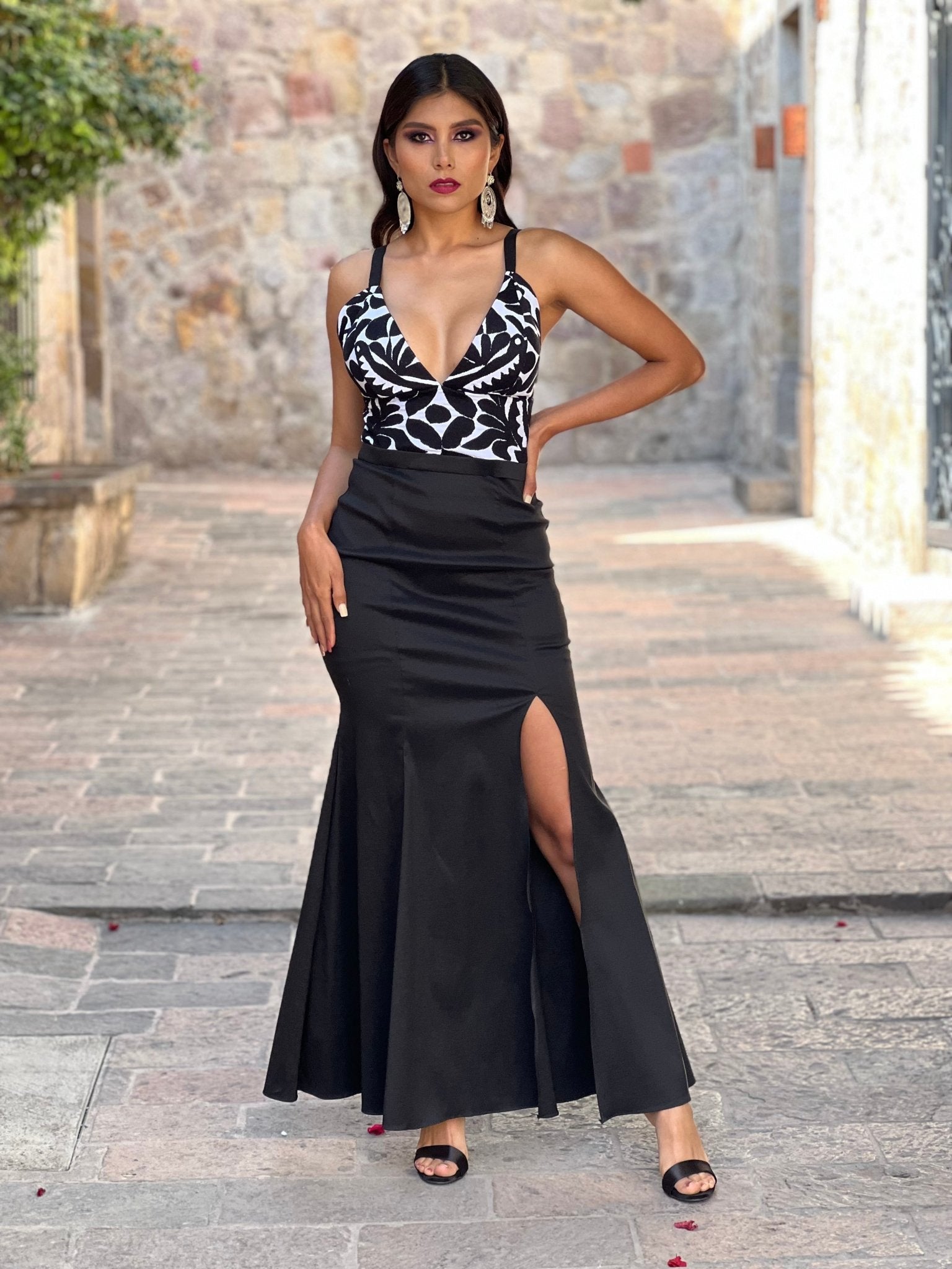 Mexican Embroidered Formal Dress in Black with Black embroidery