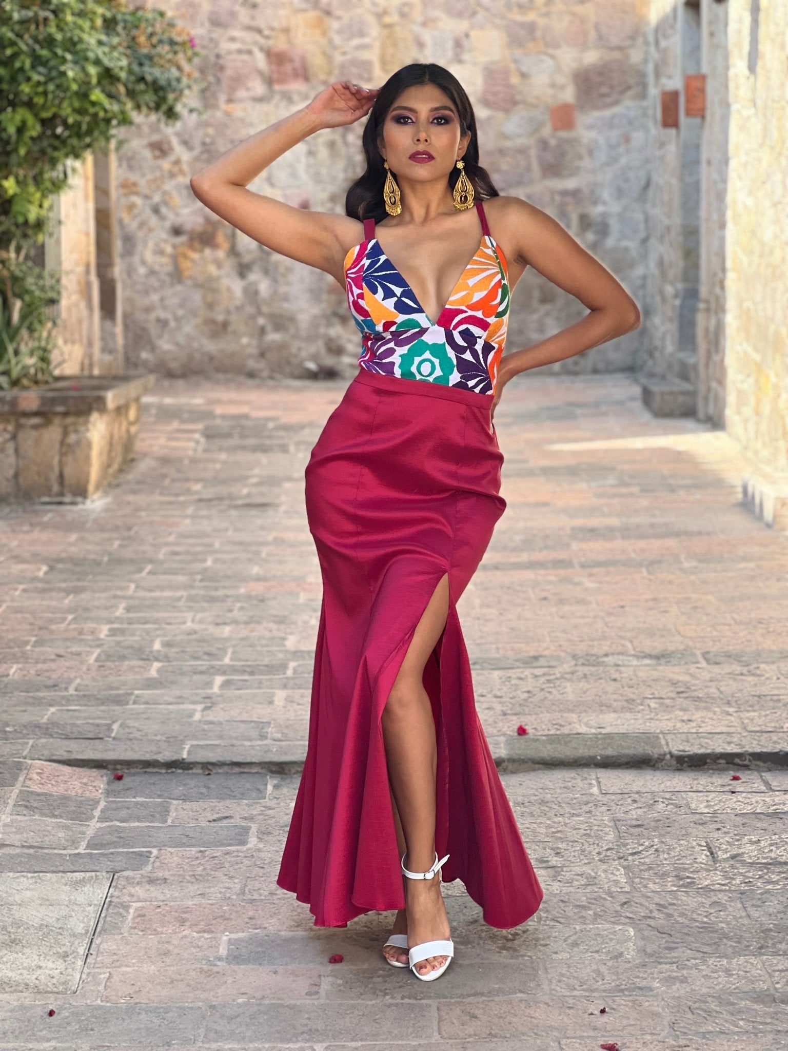 Mexican Embroidered Formal Dress in Wine with multicolor embroidery