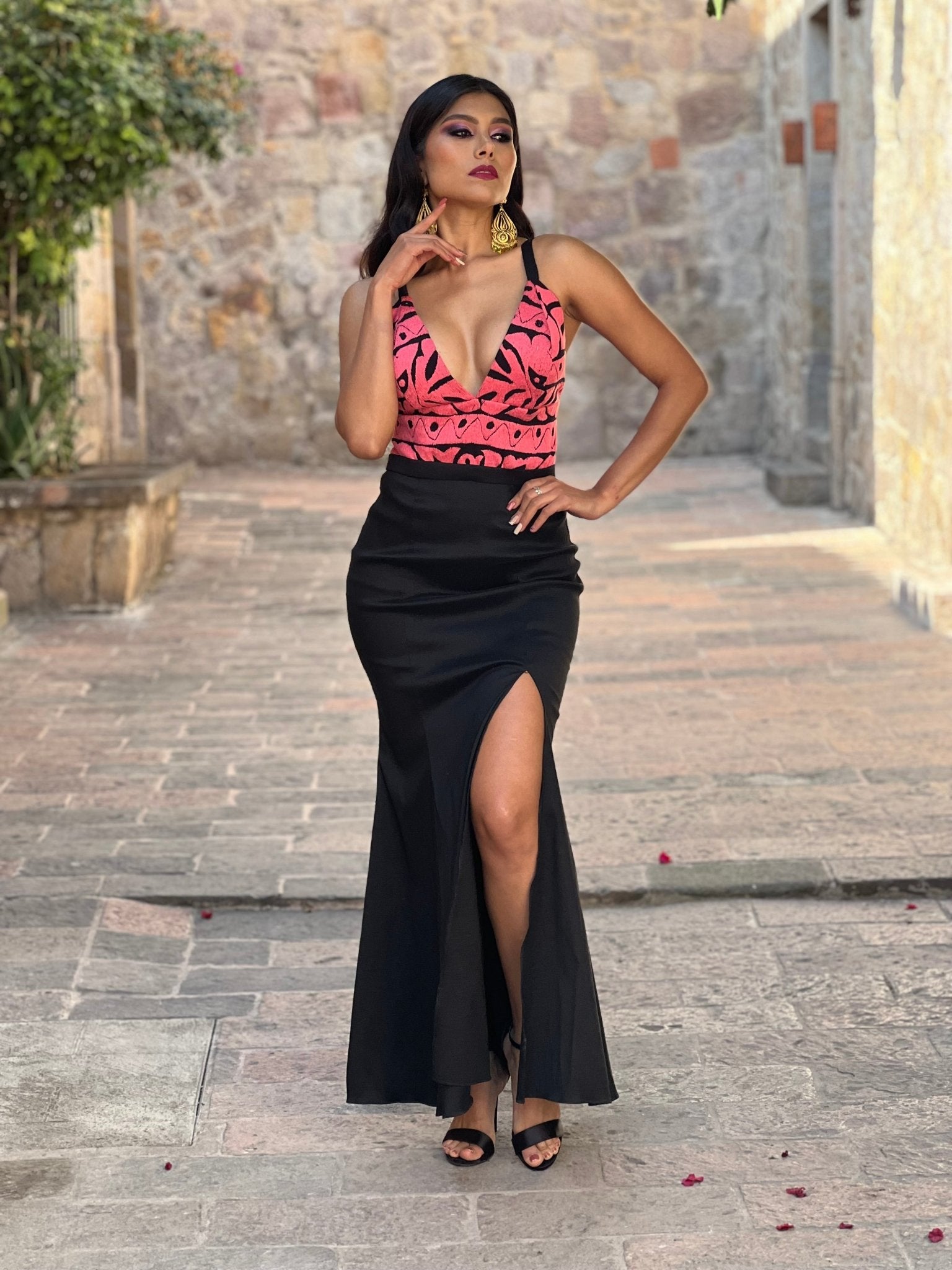 Mexican Embroidered Formal Dress in Black with Pink embroidery