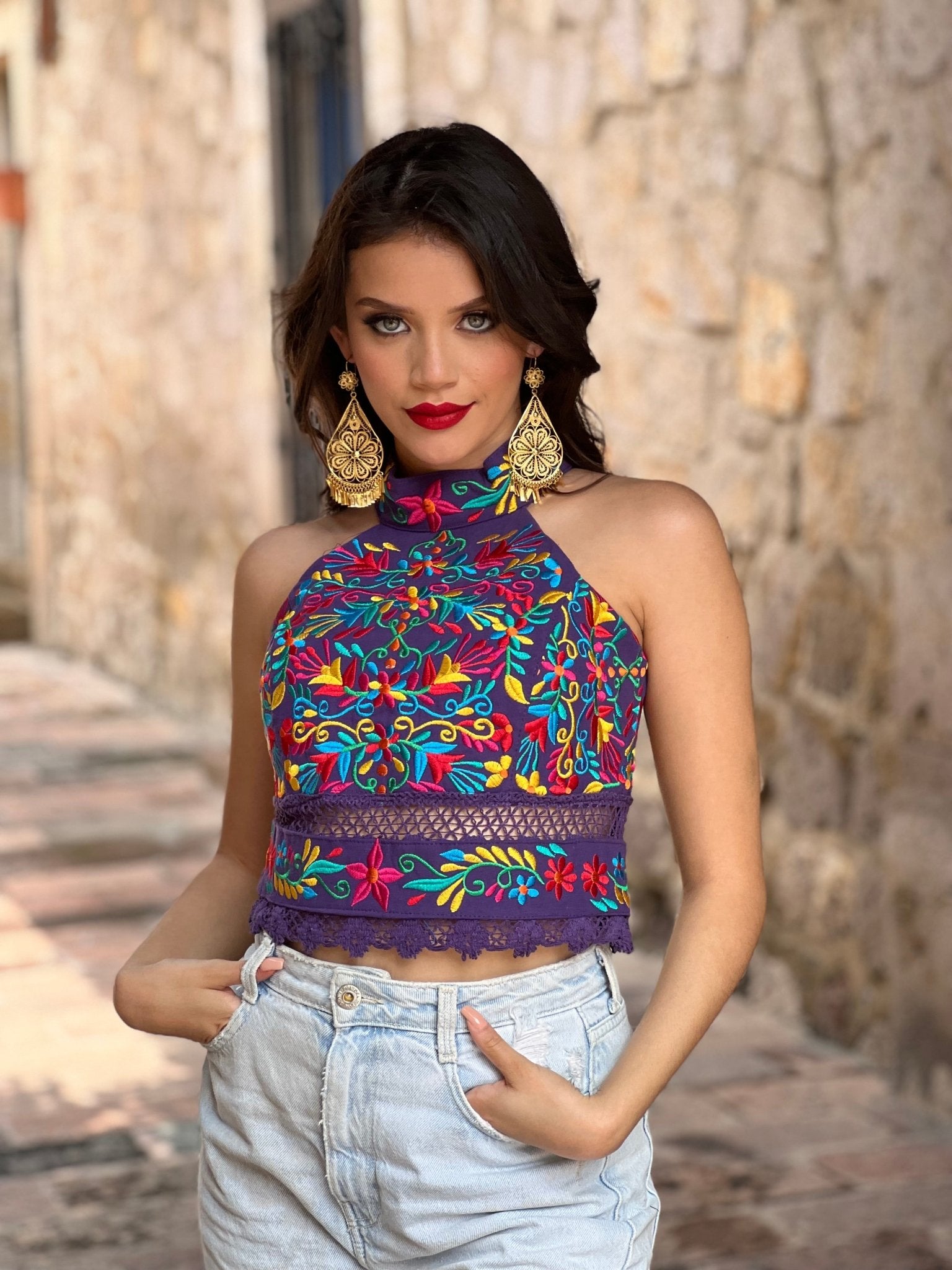 Mexican Embroidered Halter Crop Top. Crop Top Tulum. - Solei Store