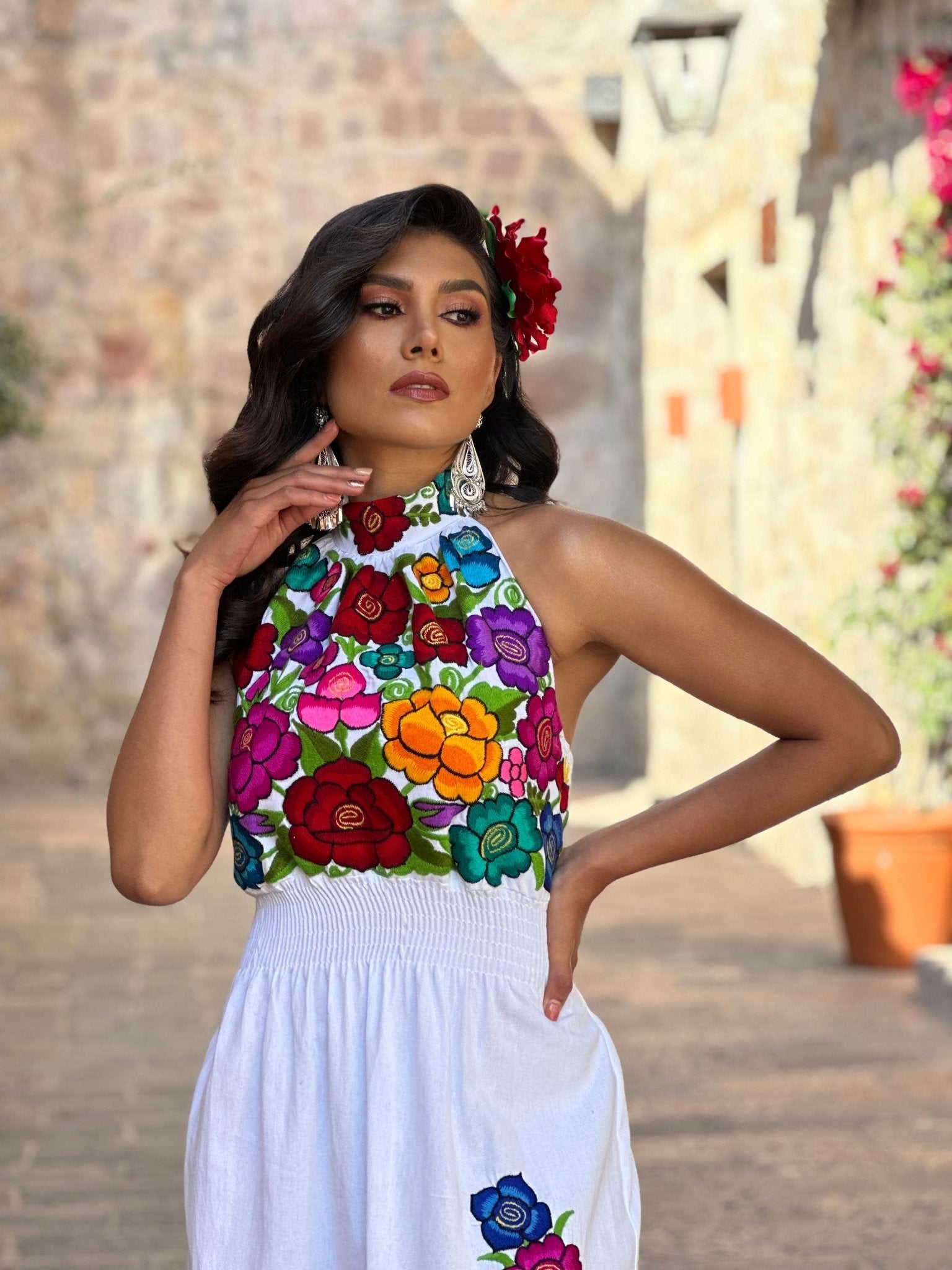 Mexican Embroidered Halter Dress in White with multicolor embroidery.