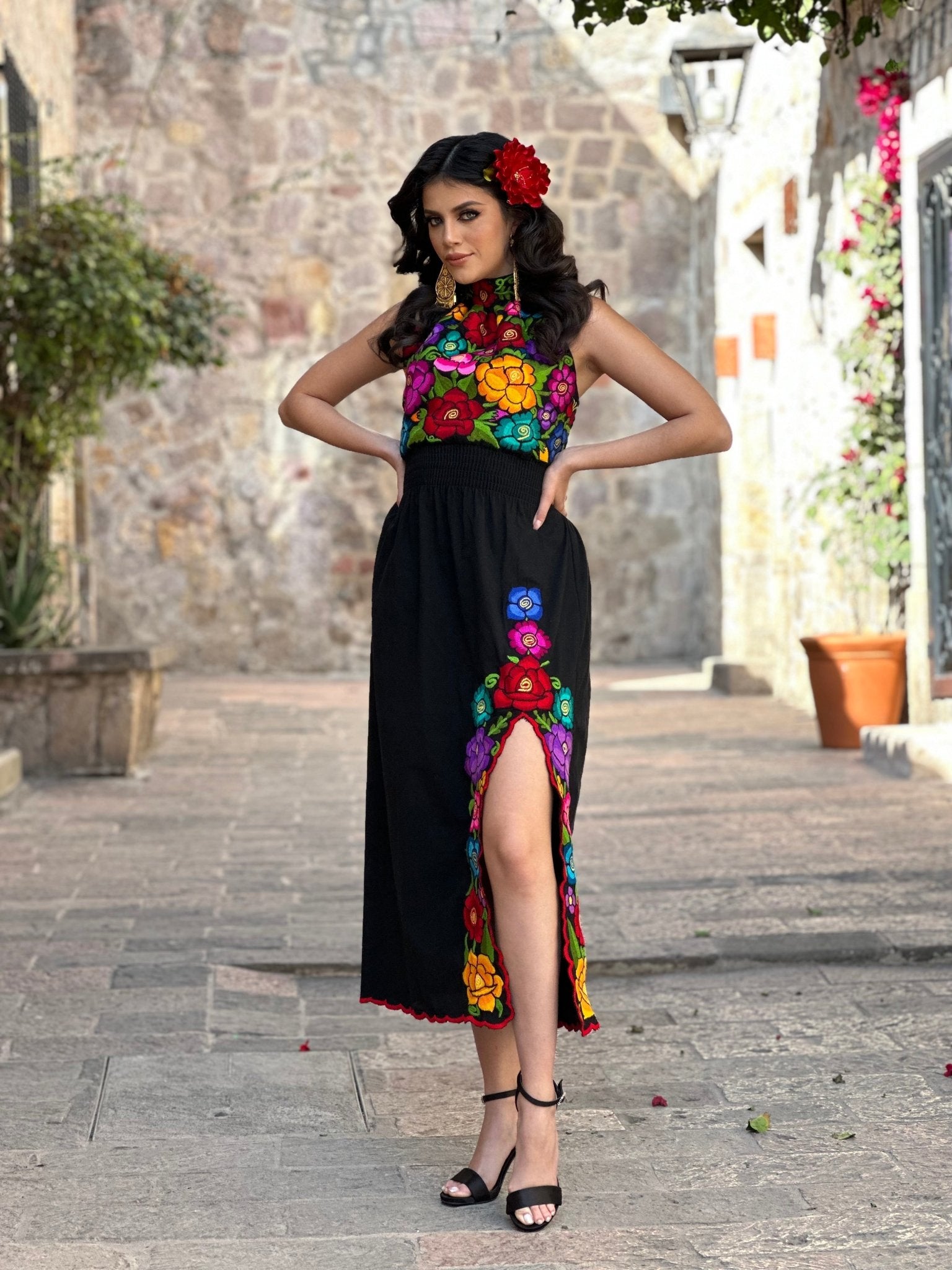 Mexican Embroidered Halter Dress in Black with multicolor embroidery.