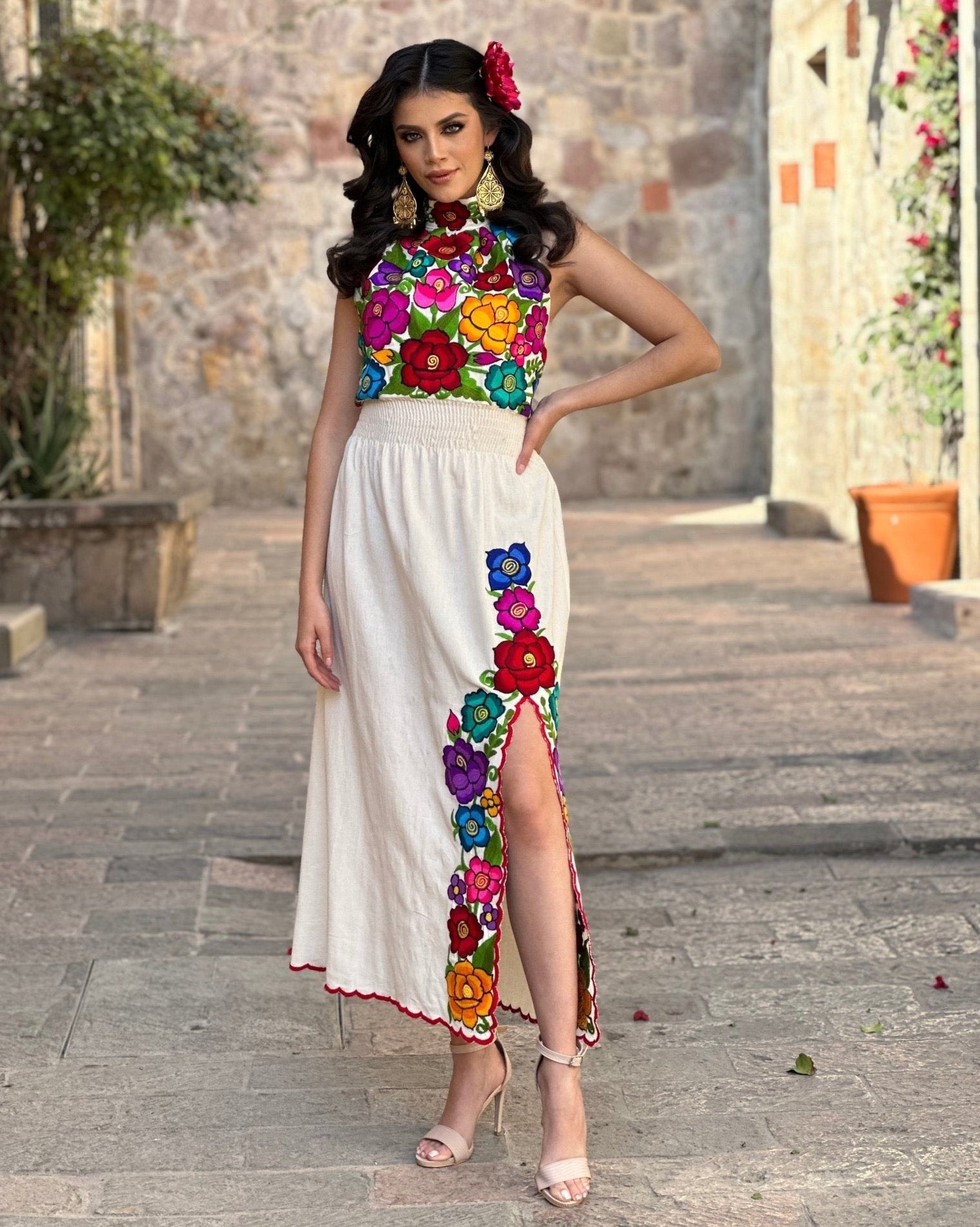 Mexican Embroidered Halter Dress in Beige with multicolor embroidery.