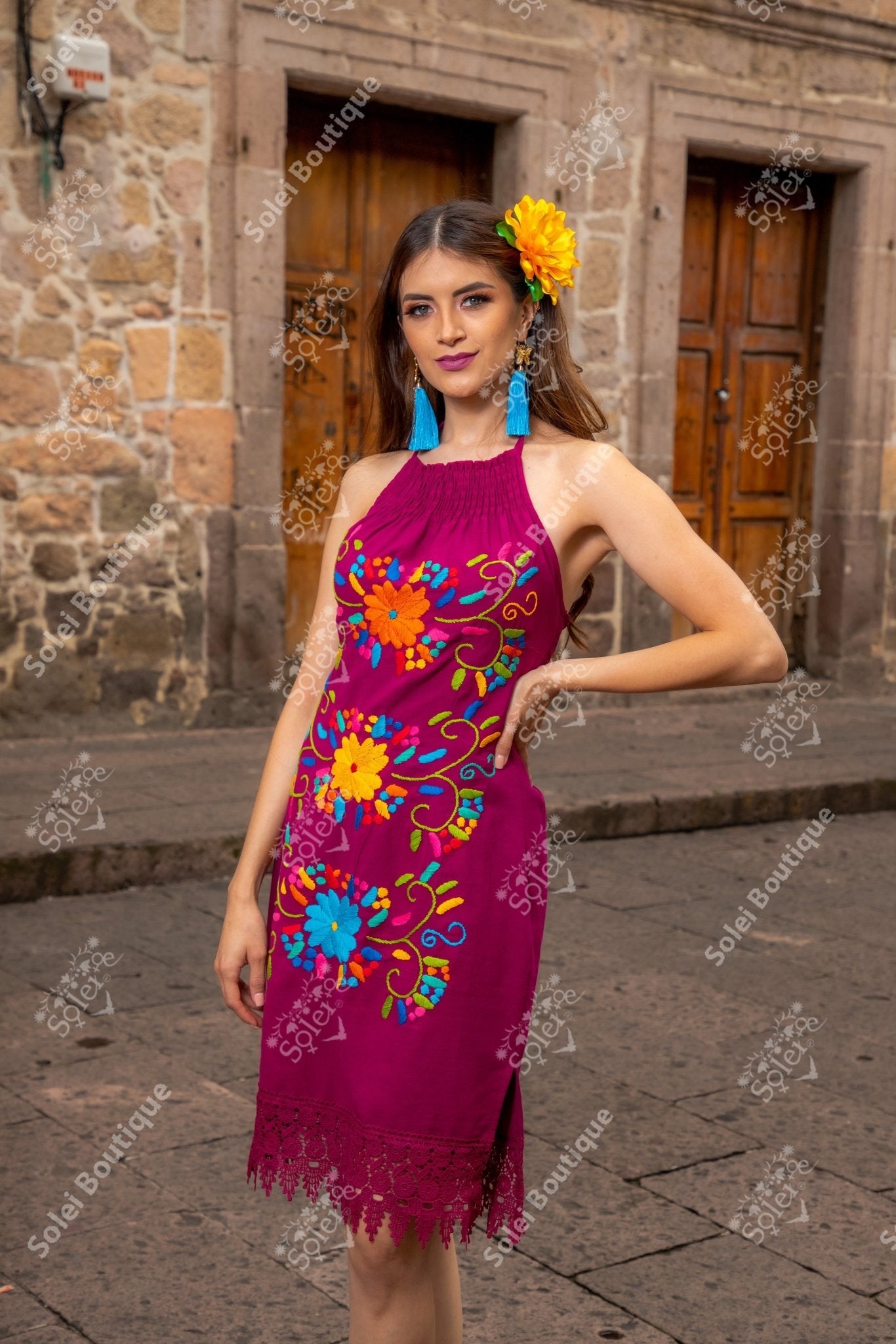 Mexican Embroidered Halter Dress. Romance Dress. - Solei Store