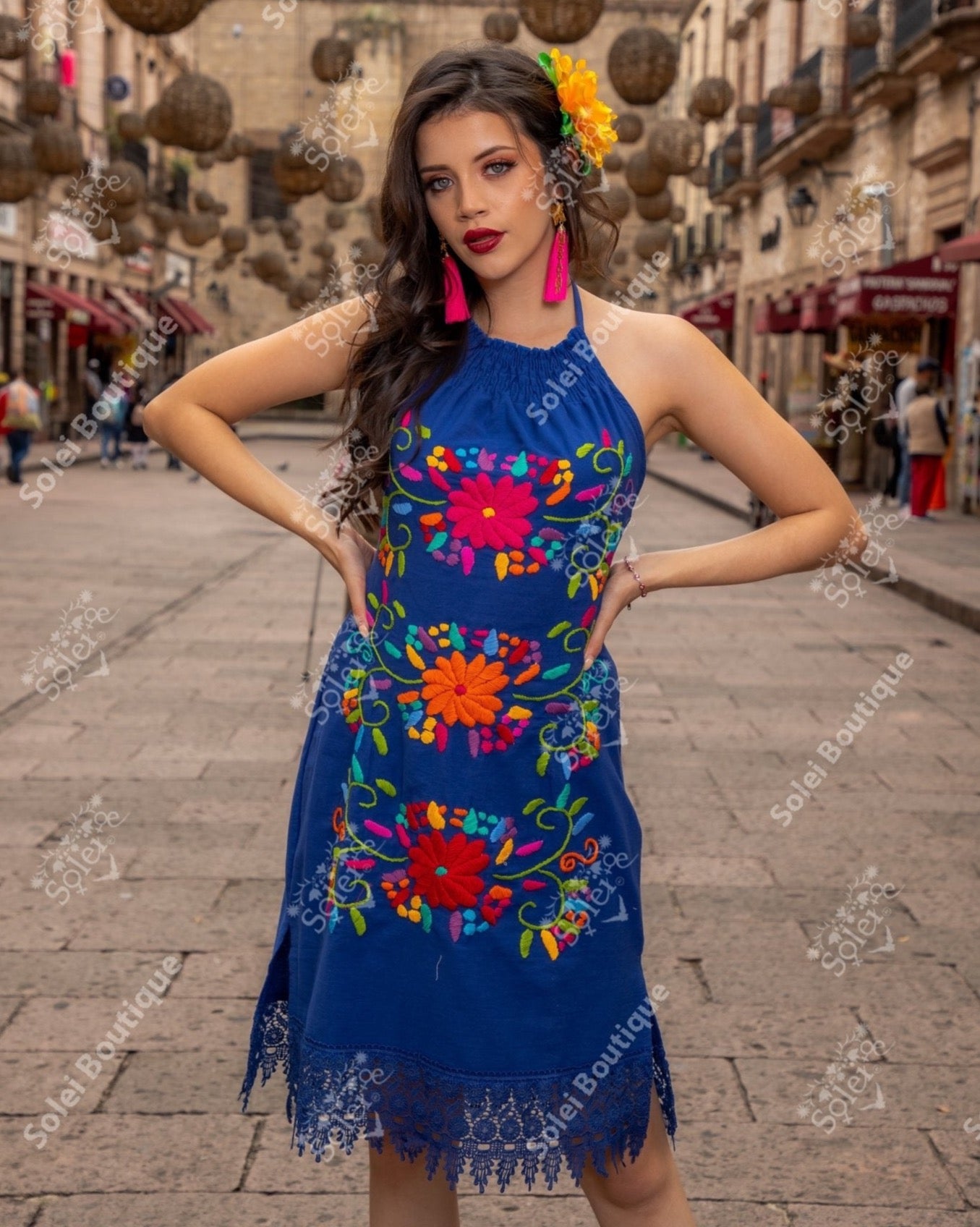 Mexican Embroidered Halter Dress. Romance Dress. - Solei Store