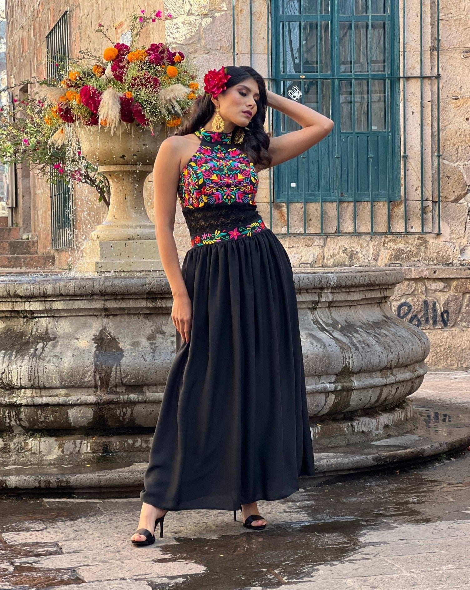 Mexican Embroidered Halter Dress. Tulum Dress. - Solei Store