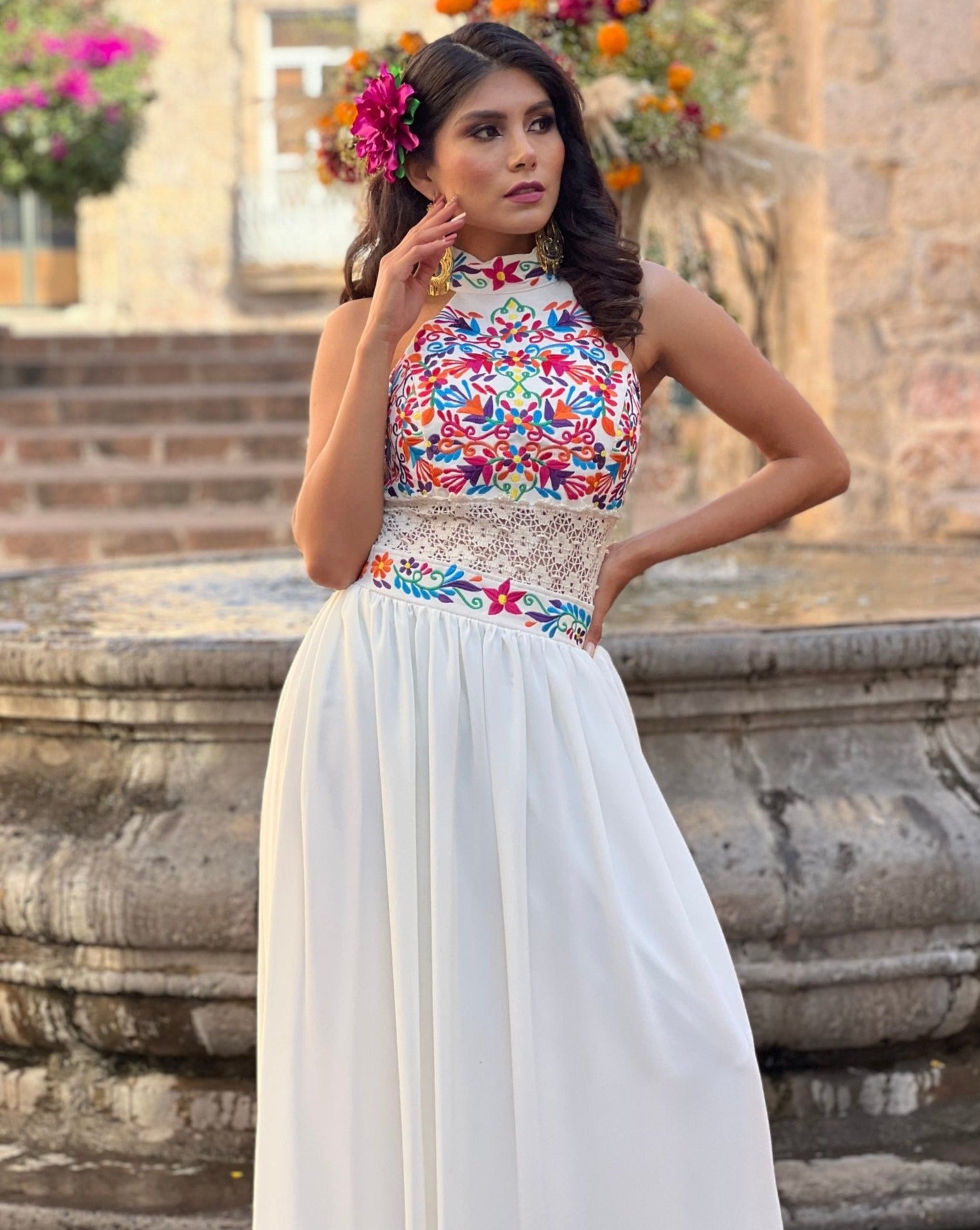 Mexican Embroidered Halter Dress. Tulum Dress. - Solei Store