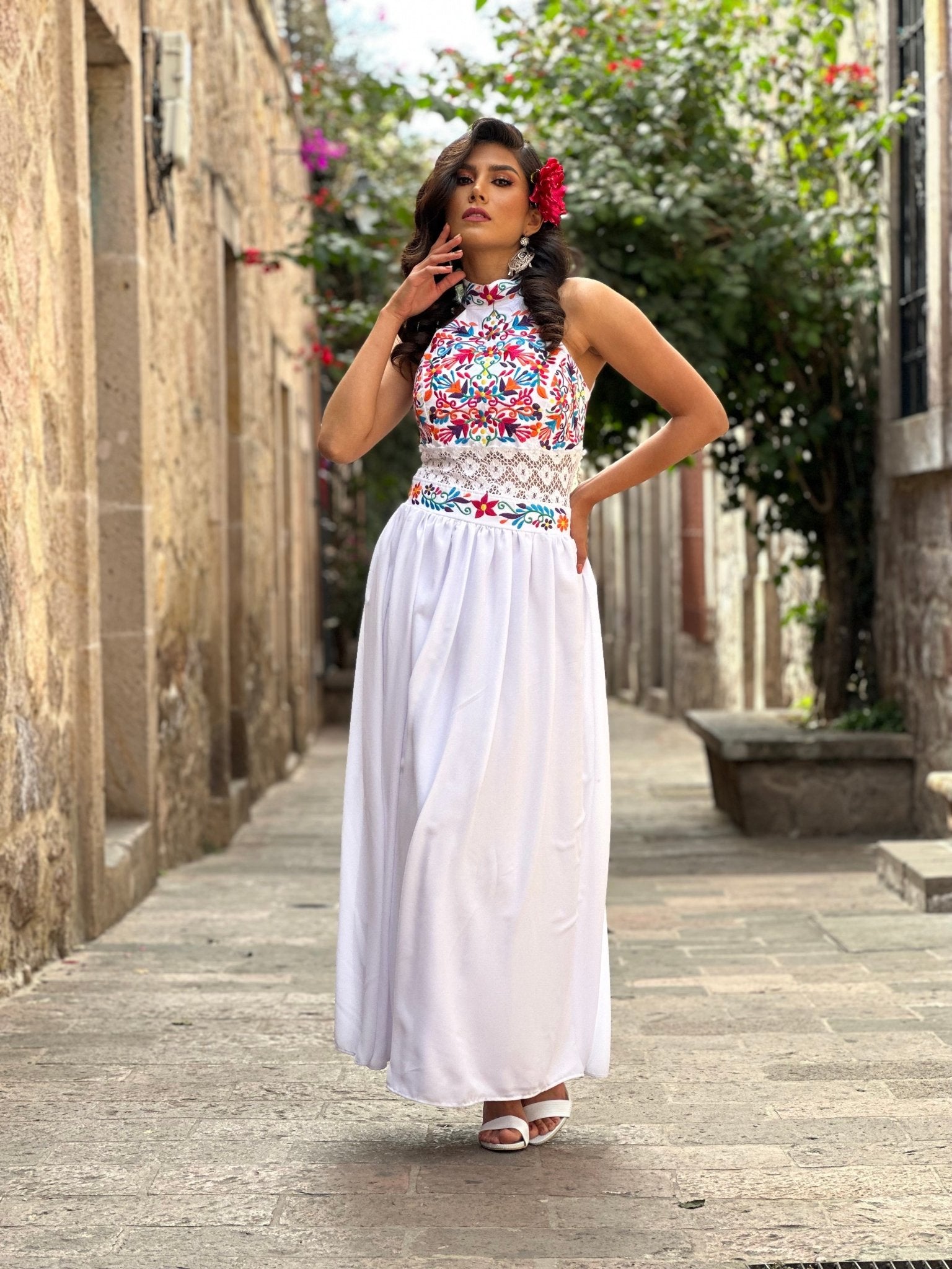 Mexican Embroidered Halter Dress. Tulum Dress. - Solei Store