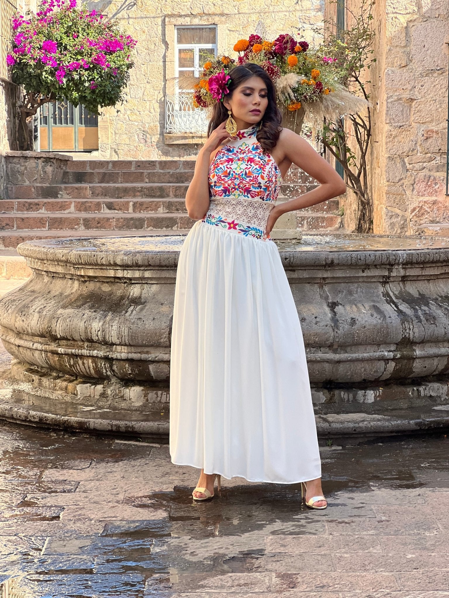 Mexican Embroidered Halter Dress. Tulum Dress. - Solei Store
