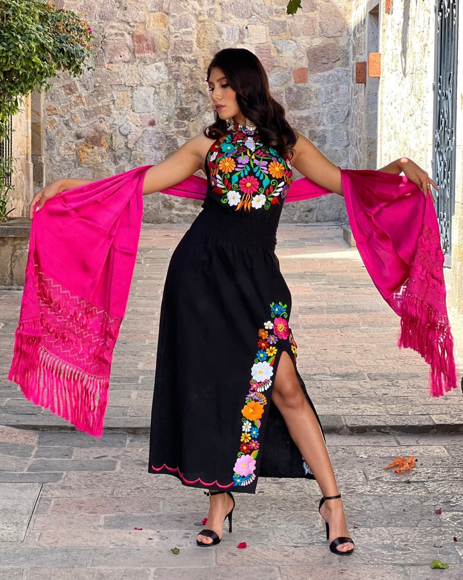Mexican Embroidered Floral Halter Dress in Black with Multicolor embroidery