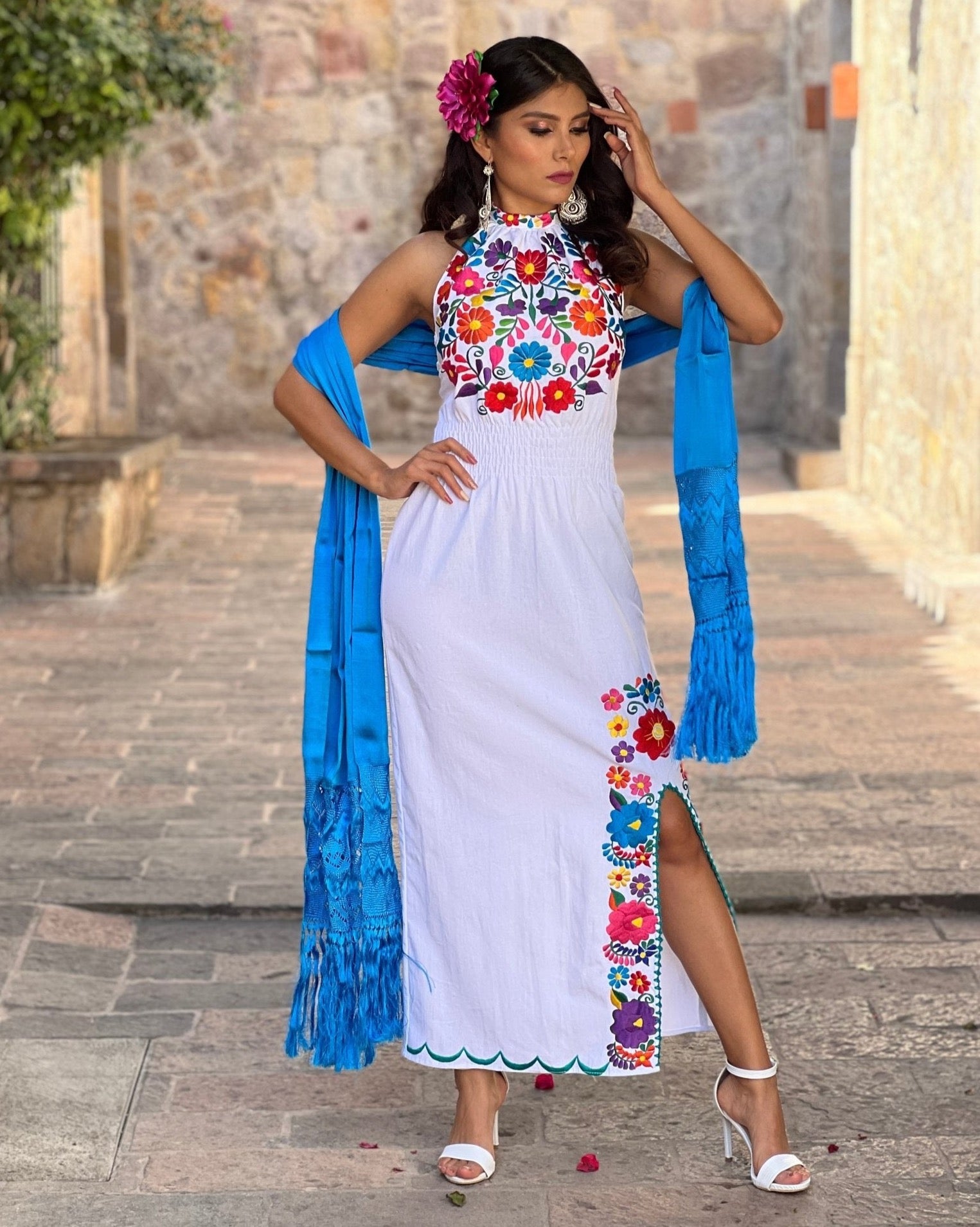 Mexican Embroidered Floral Halter Dress in White with Multicolor embroidery