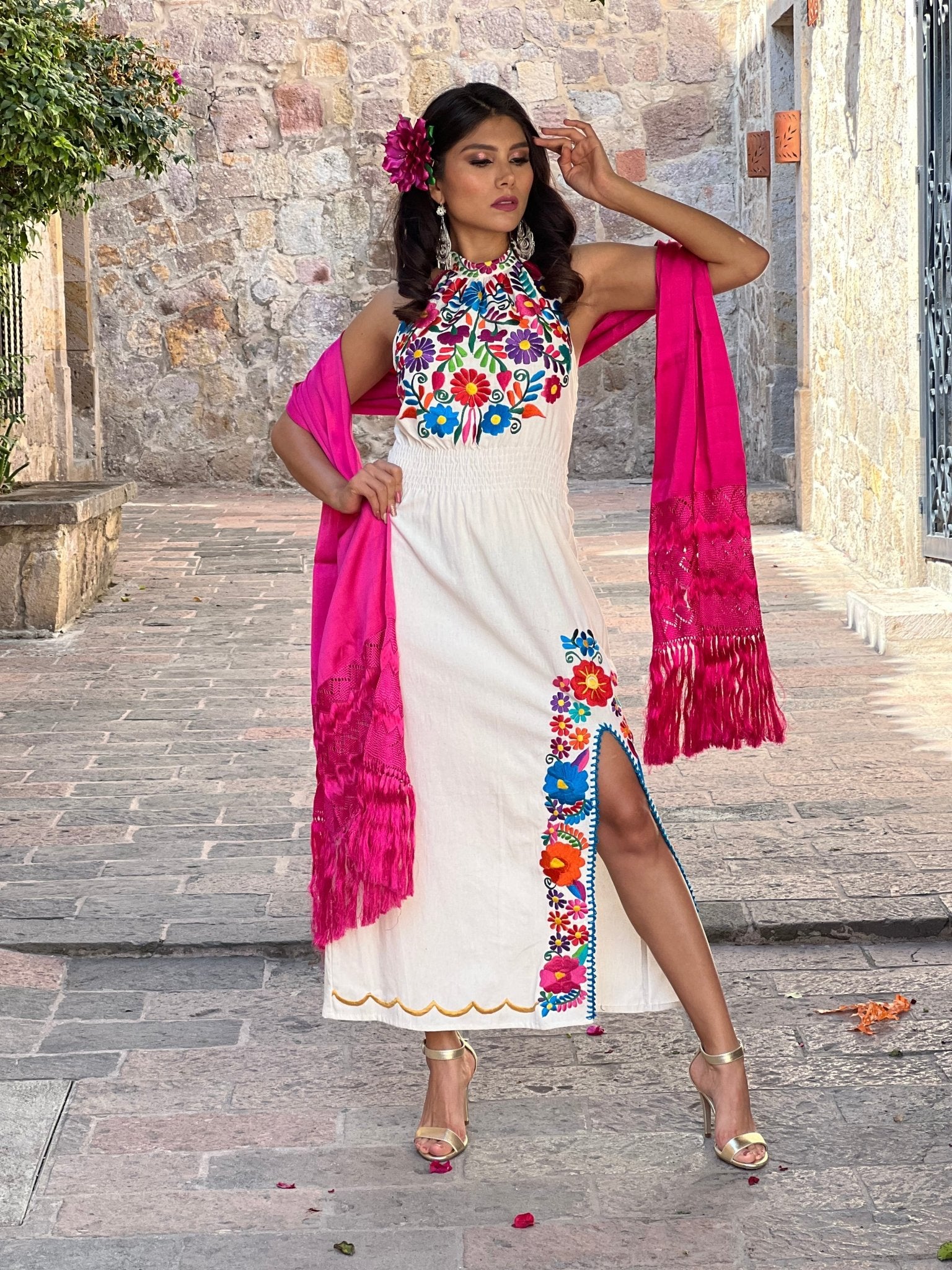 Mexican Embroidered Floral Halter Dress in Beige with Multicolor embroidery