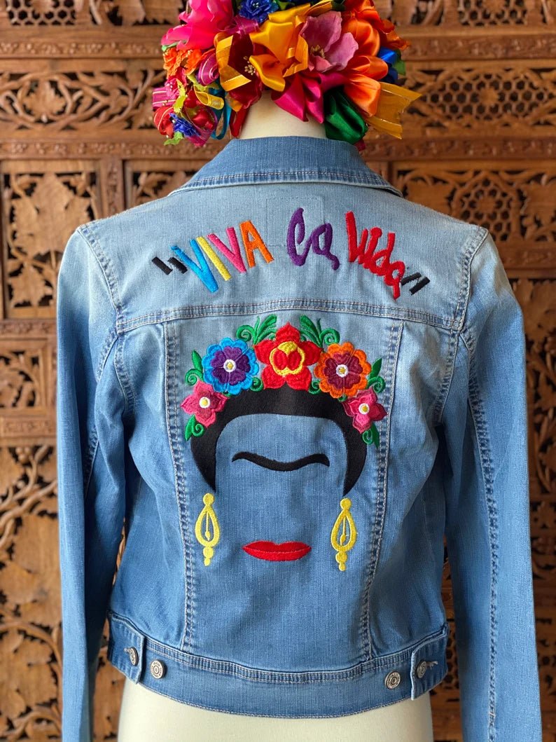 Mexican Embroidered Jeans Jacket. Chamarra Virgen De Guadalupe. - Solei Store