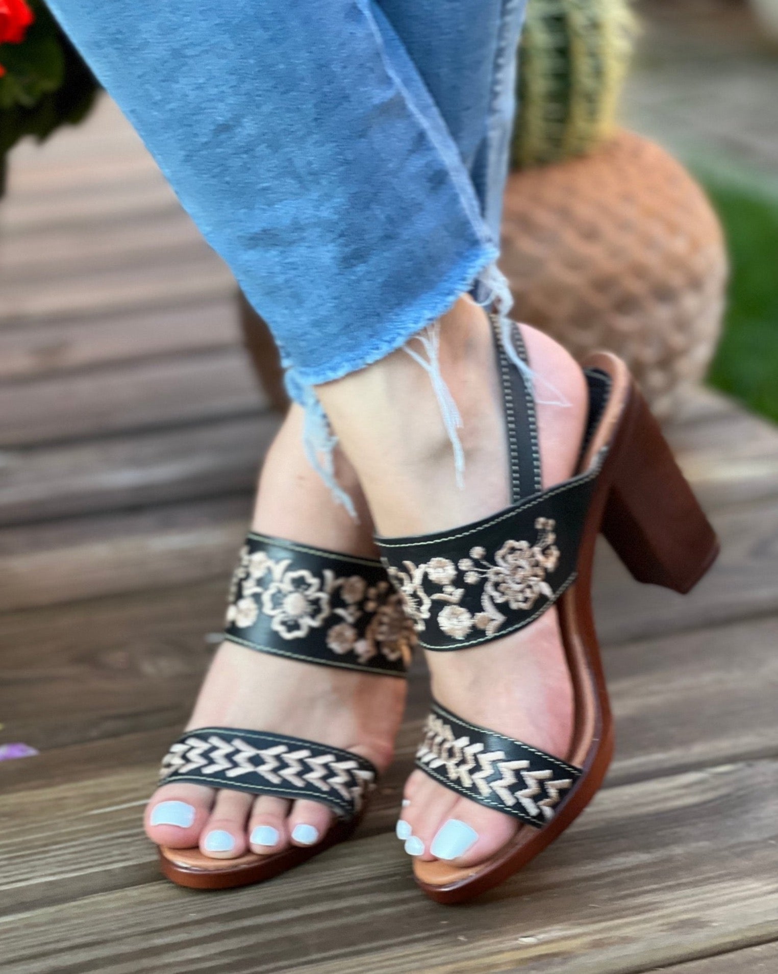 Mexican Embroidered Leather Block Heels. Leonor Heels. - Solei Store