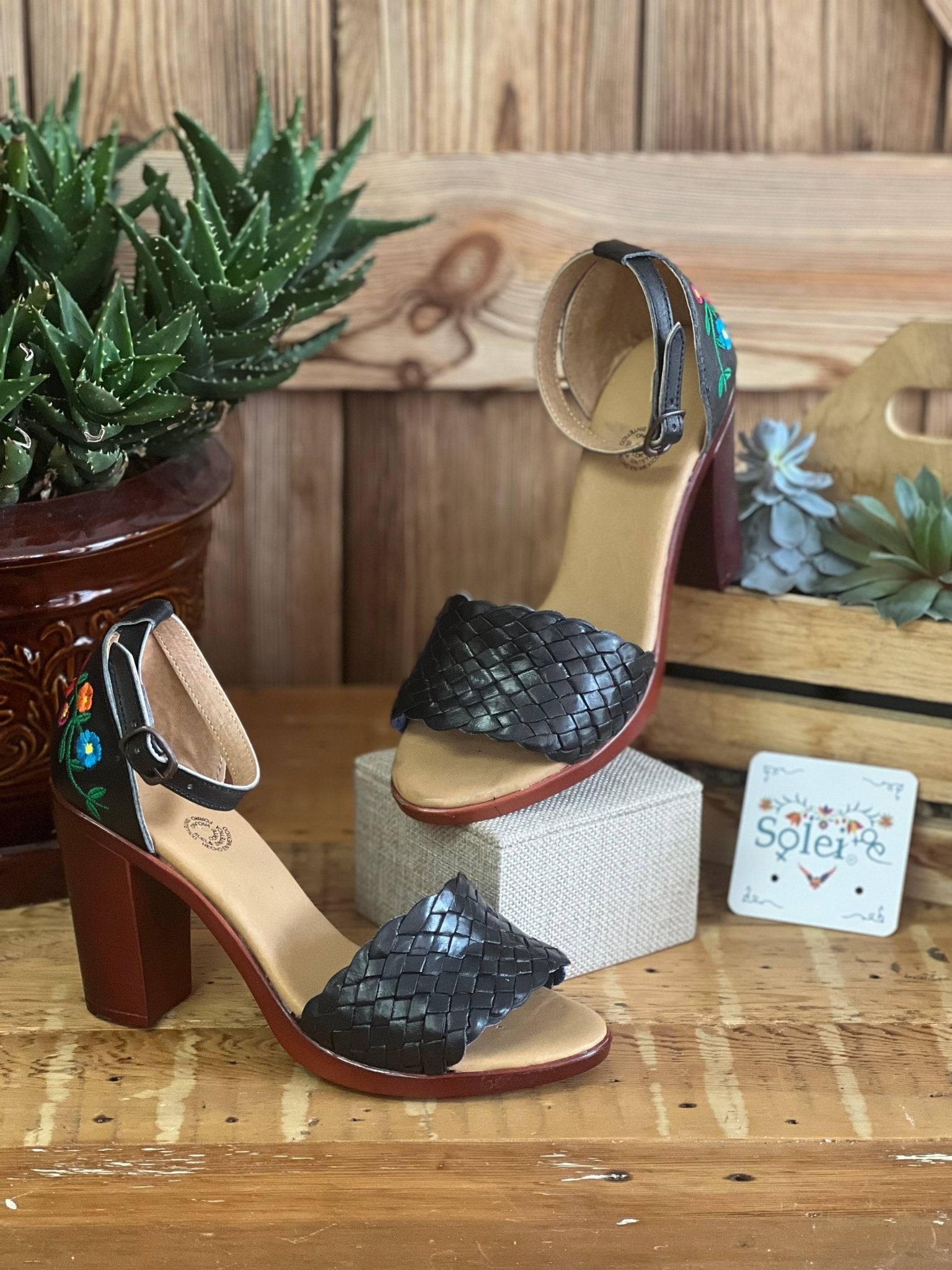 Mexican Embroidered Leather Block Heels. Salma Heels. - Solei Store