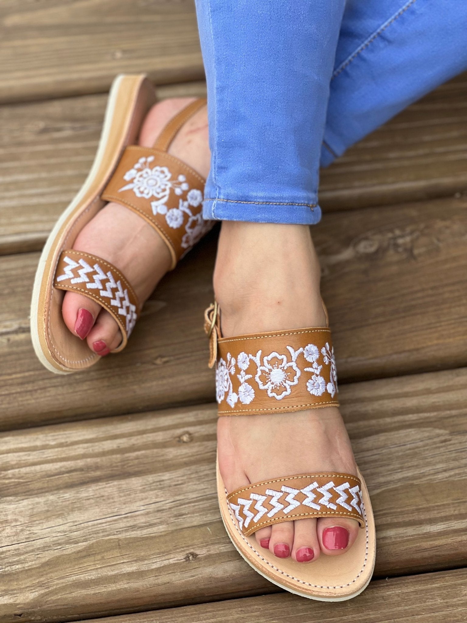 Mexican Embroidered Leather Sandals. Leonor Sandals. - Solei Store
