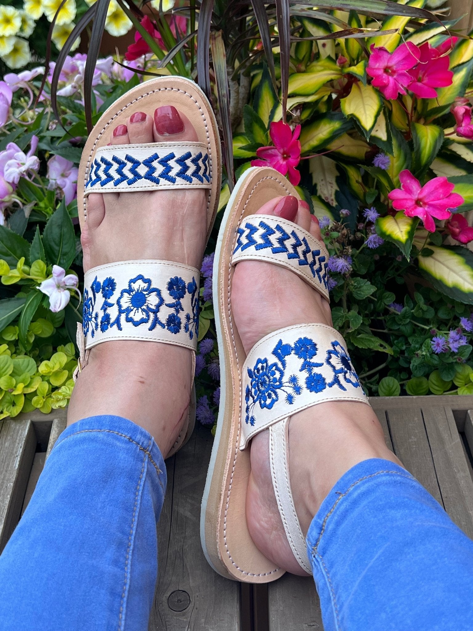 Mexican Embroidered Leather Sandals. Leonor Sandals. - Solei Store