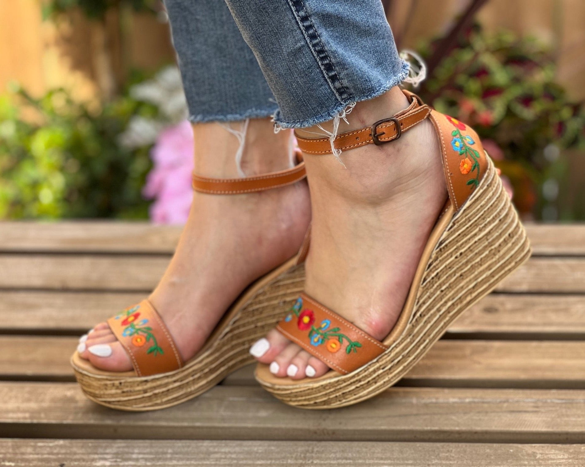 Mexican Embroidered Leather Wedge Heels. Yolanda Heels. - Solei Store