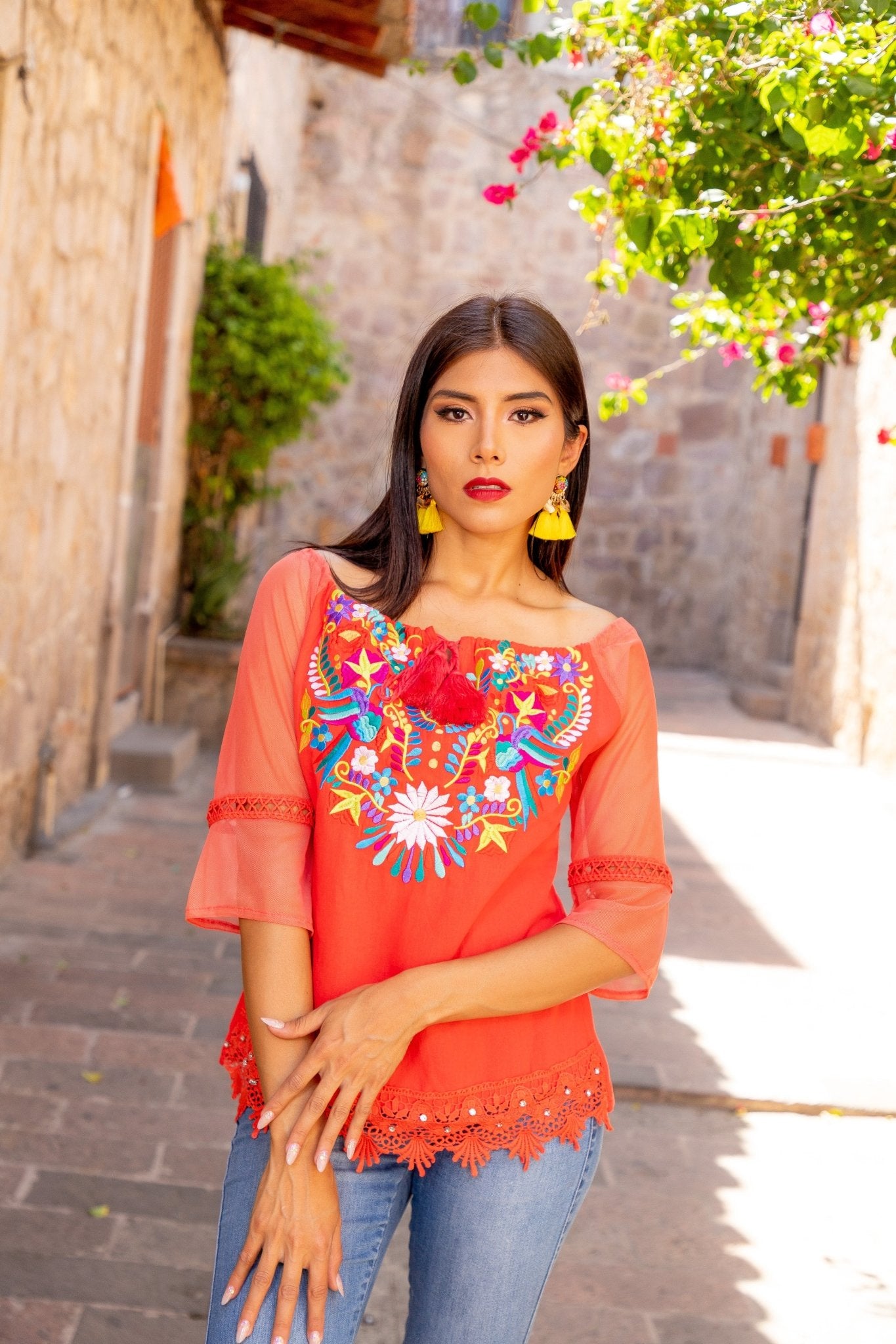 Mexican Embroidered Off the Shoulder Mesh Sleeve Blouse. Esther Mesh Blouse - Solei Store