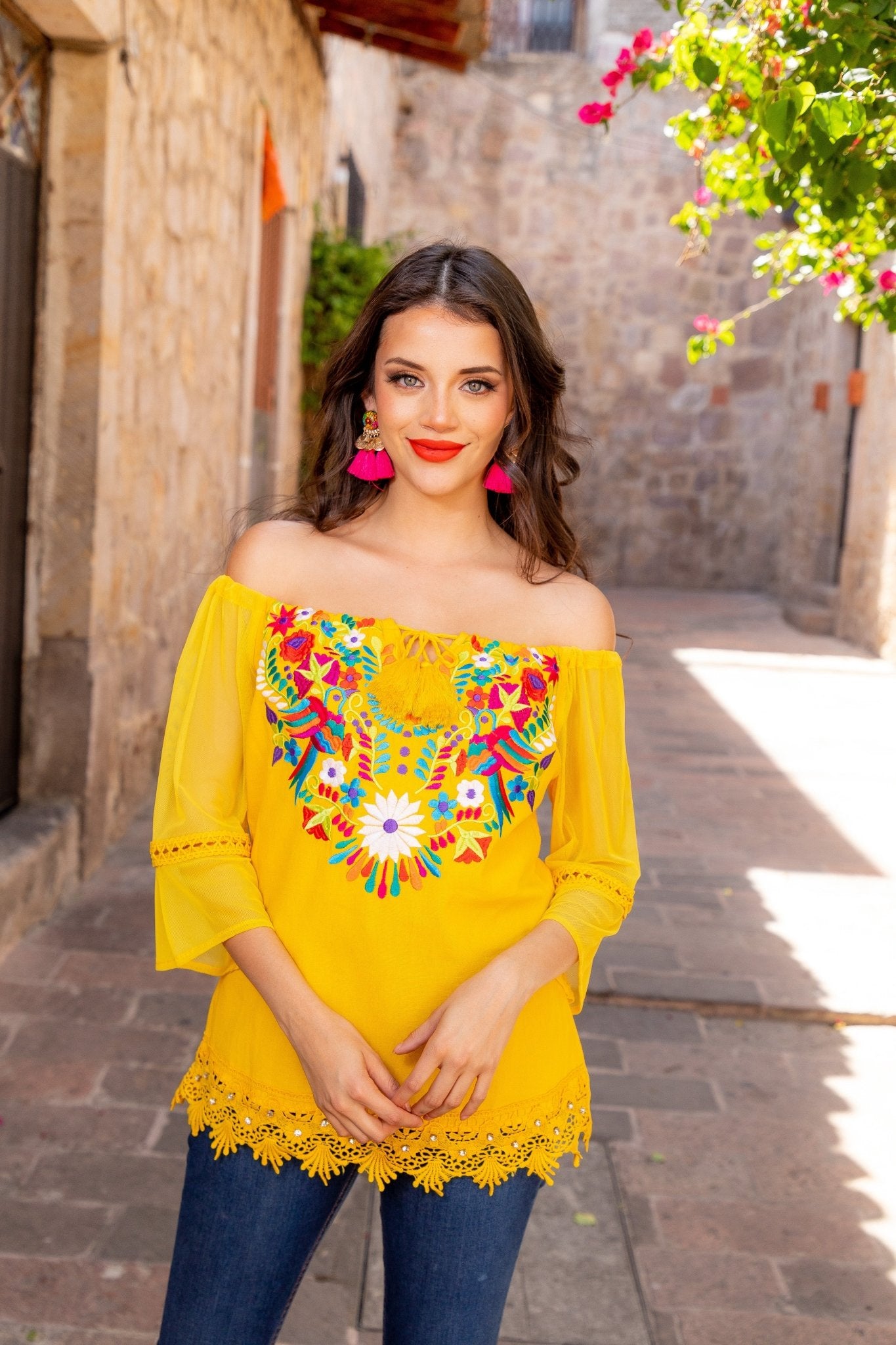 Mexican Embroidered Off the Shoulder Mesh Sleeve Blouse. Esther Mesh Blouse - Solei Store