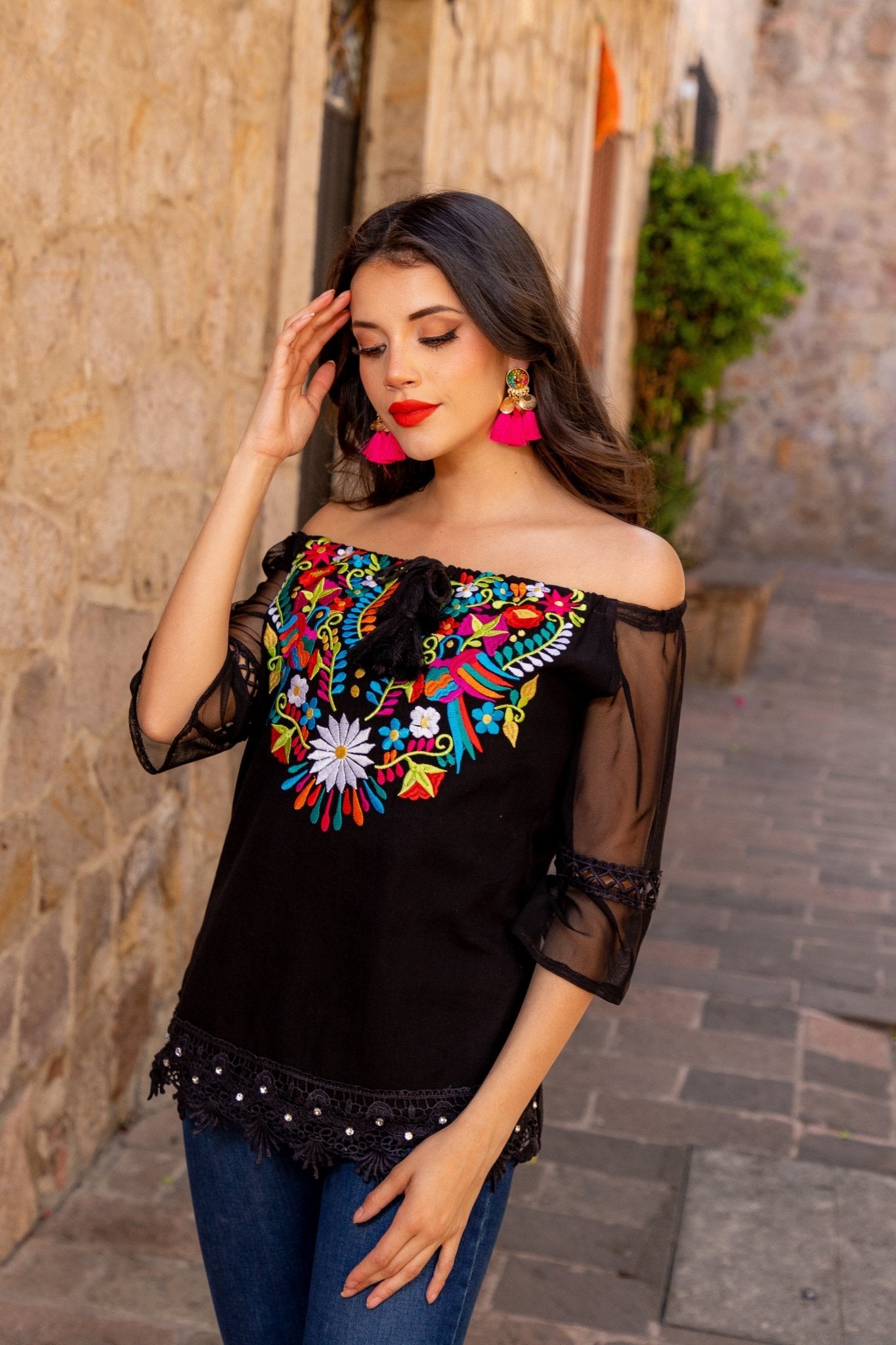 Mexican Embroidered Off the Shoulder Mesh Sleeve Blouse. Esther Mesh Blouse - Solei Store