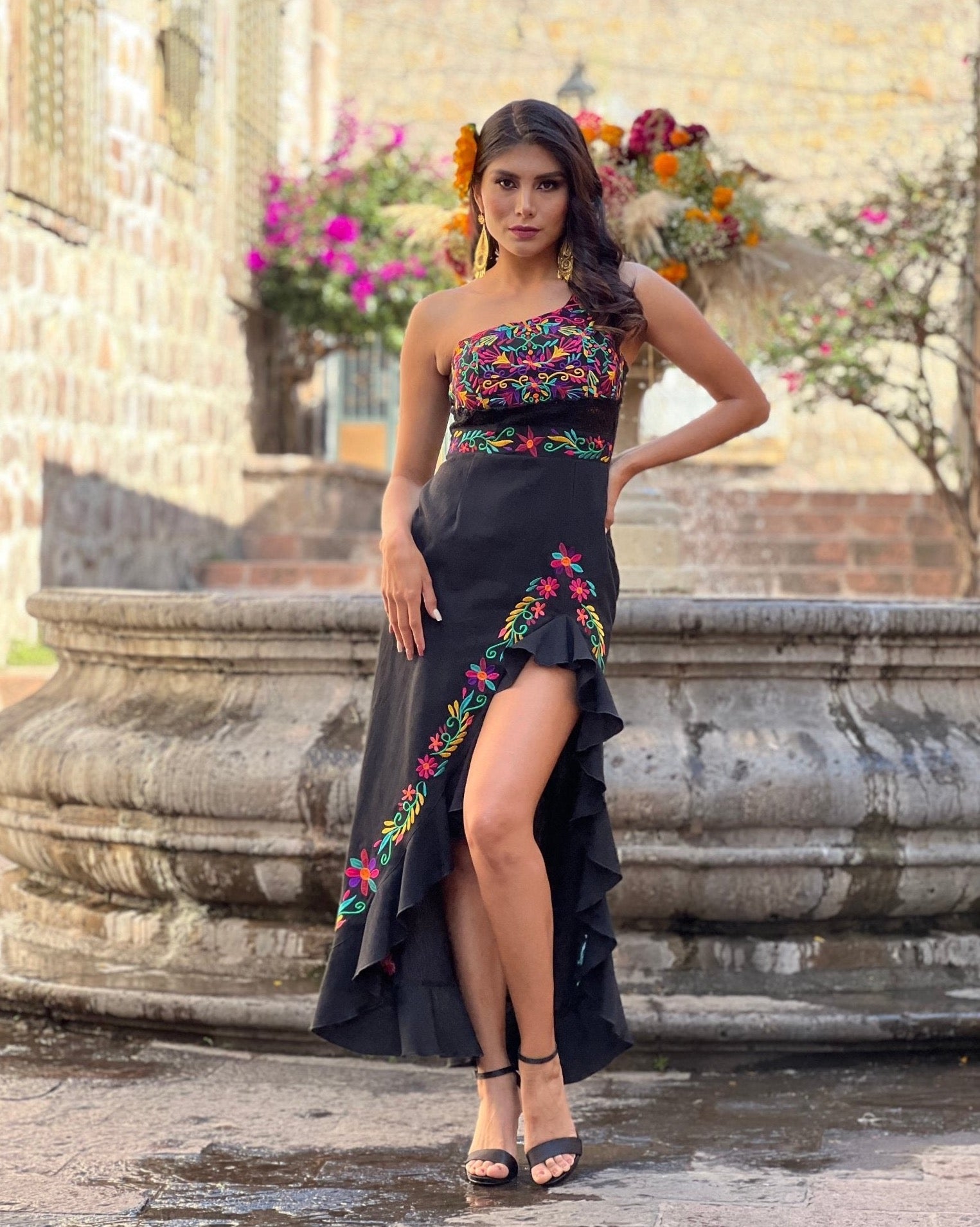 Mexican Embroidered One Shoulder Dress. Tamara Dress. - Solei Store