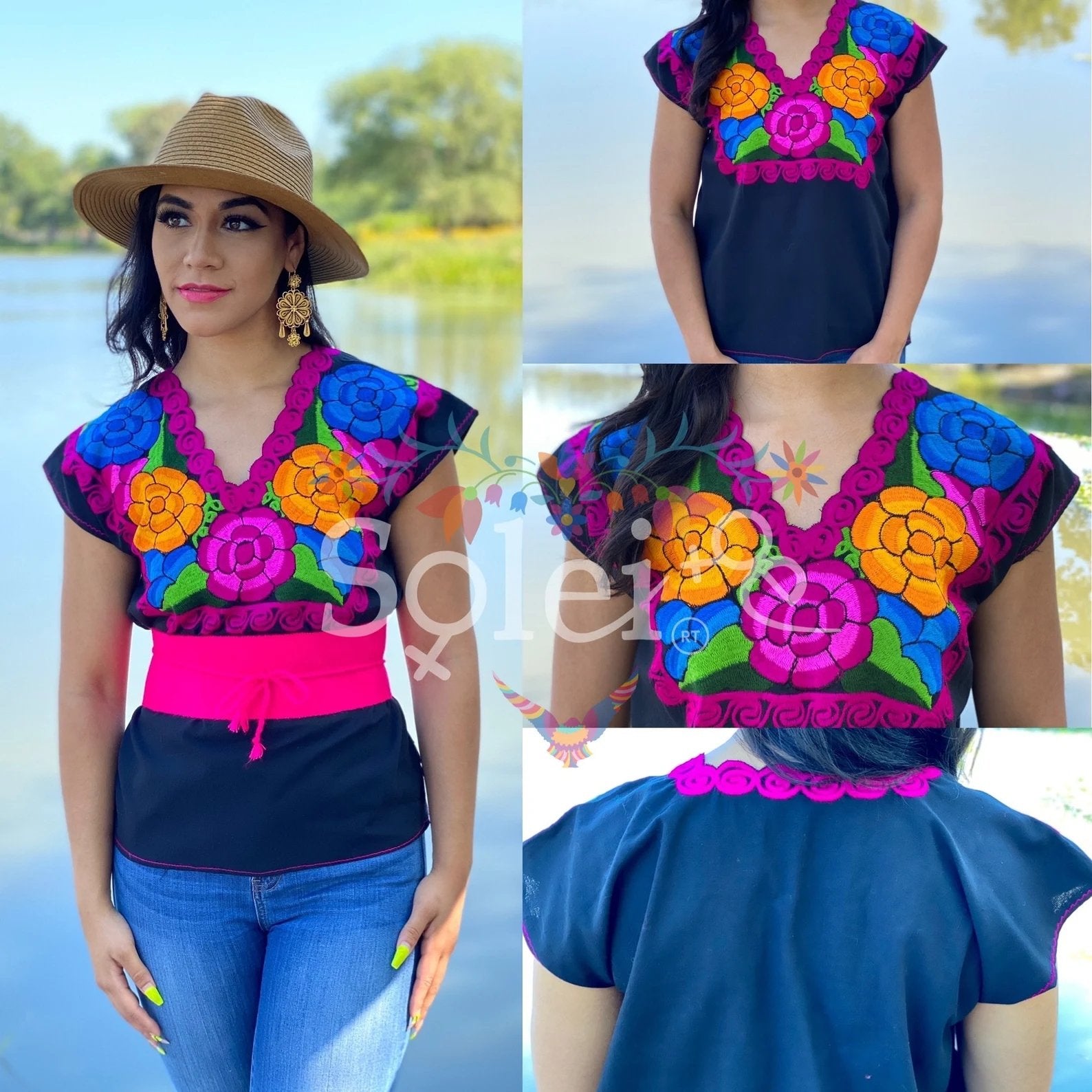 Mexican Embroidered Top with Decorated Collar. Blusa Zinacatan Floral - Solei Store
