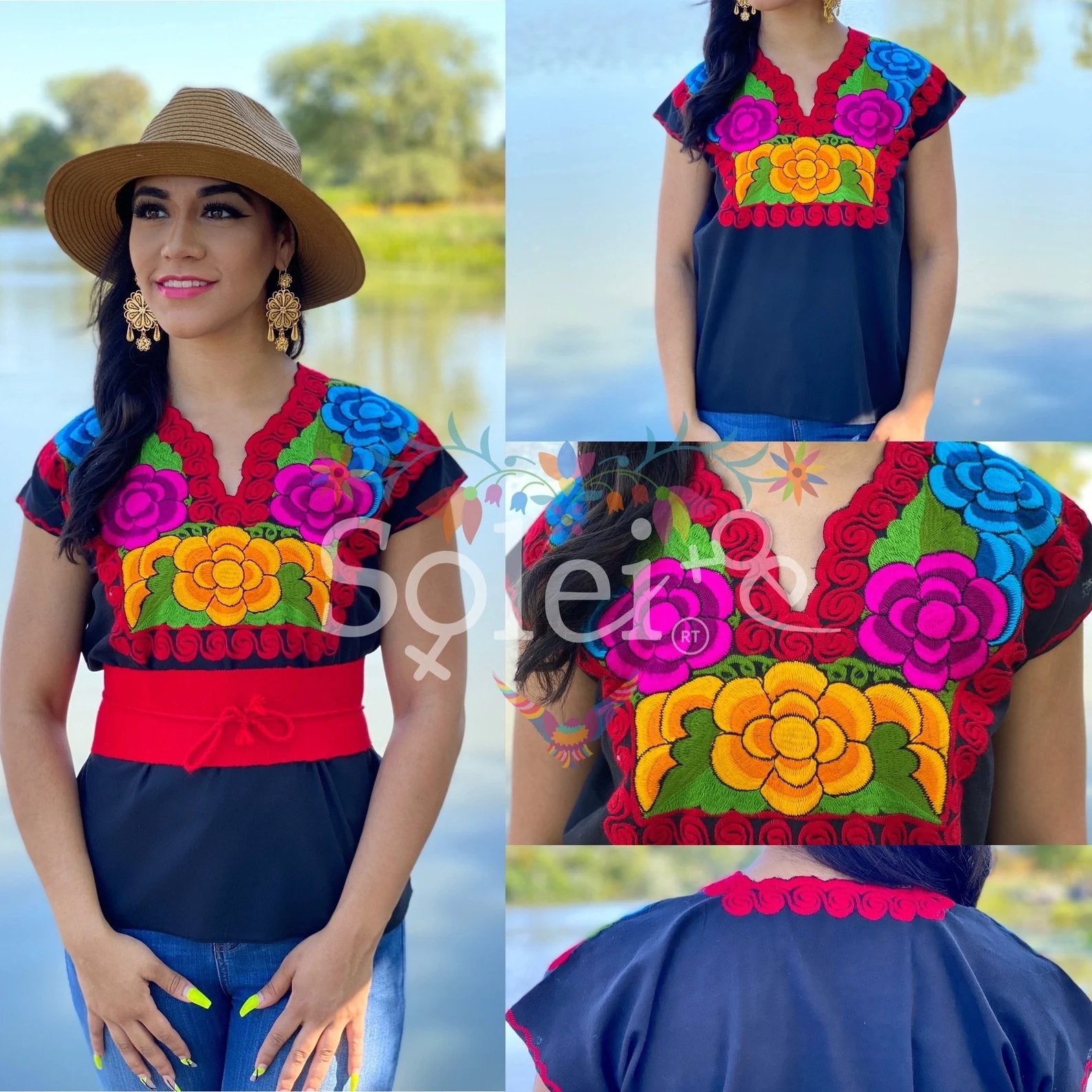 Mexican Embroidered Top with Decorated Collar. Blusa Zinacatan Floral - Solei Store