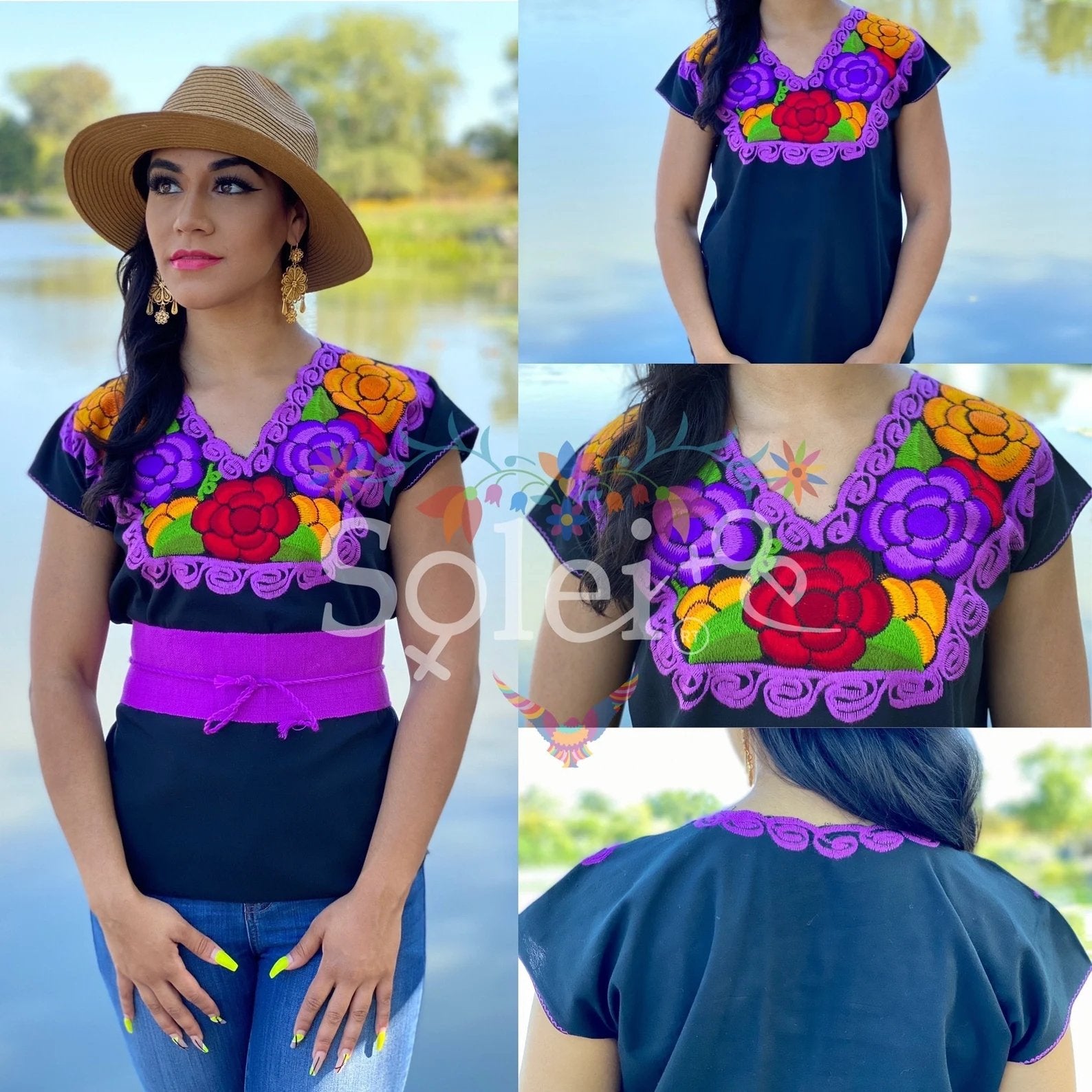 Mexican Embroidered Top with Decorated Collar. Blusa Zinacatan Floral - Solei Store