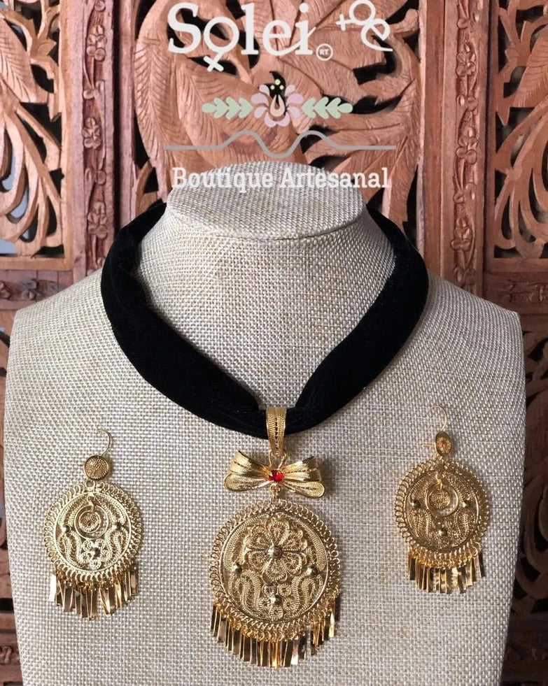 Mexican Filigree Choker and Earrings. Set Encaje Redondo Terciopelo (Dorado). - Solei Store