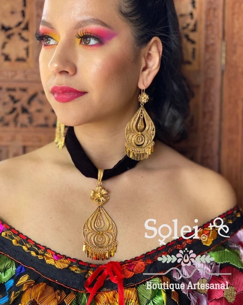 Mexican Filigree Earrings and Necklace. Elegant Choker Necklace. Pera Gota Terciopelo. - Solei Store