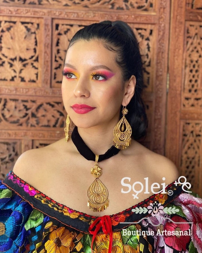 Mexican Filigree Earrings and Necklace. Elegant Choker Necklace. Pera Gota Terciopelo. - Solei Store