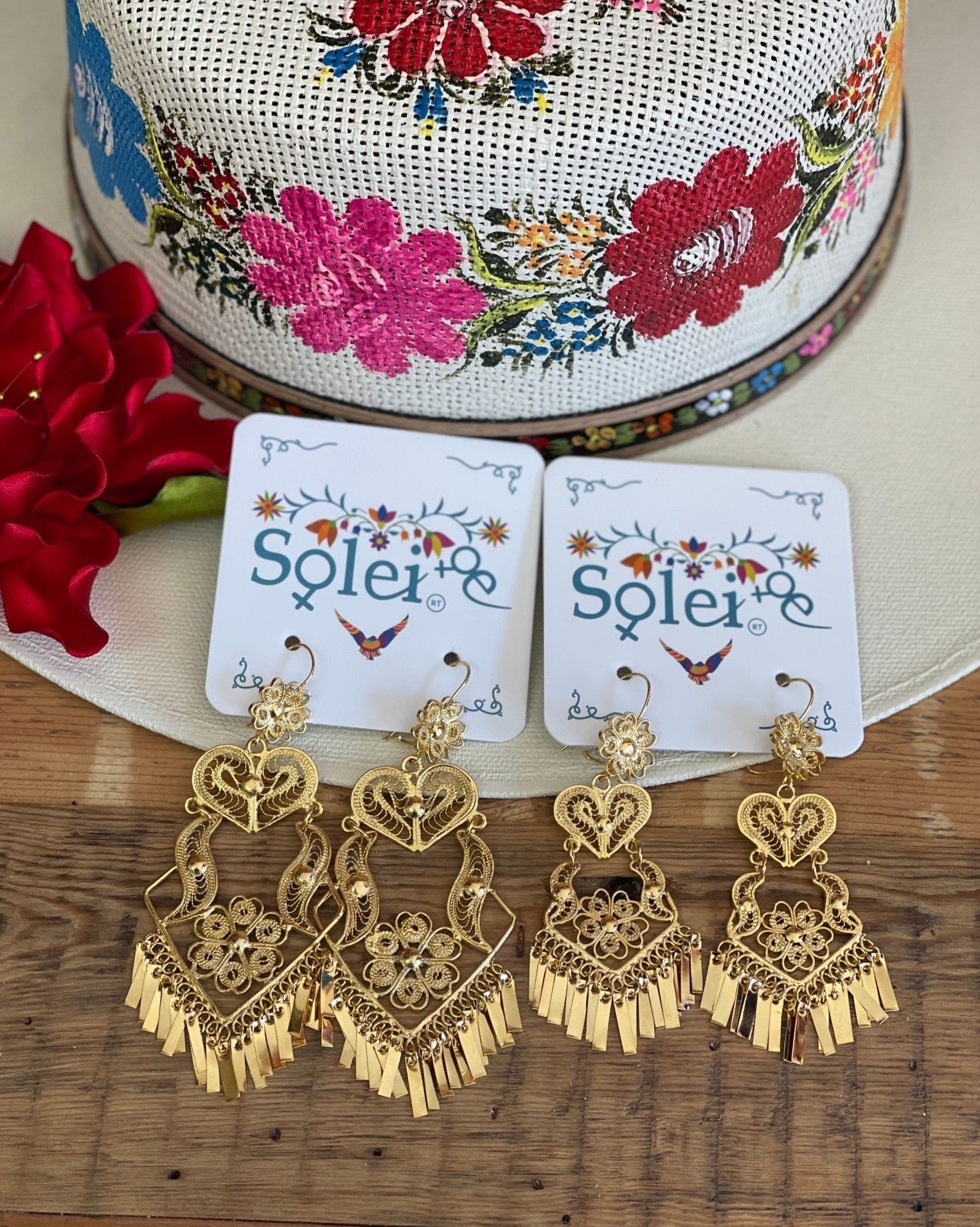 Mexican Filigree Heart and Flower Earrings. Aretes Maceta - Solei Store
